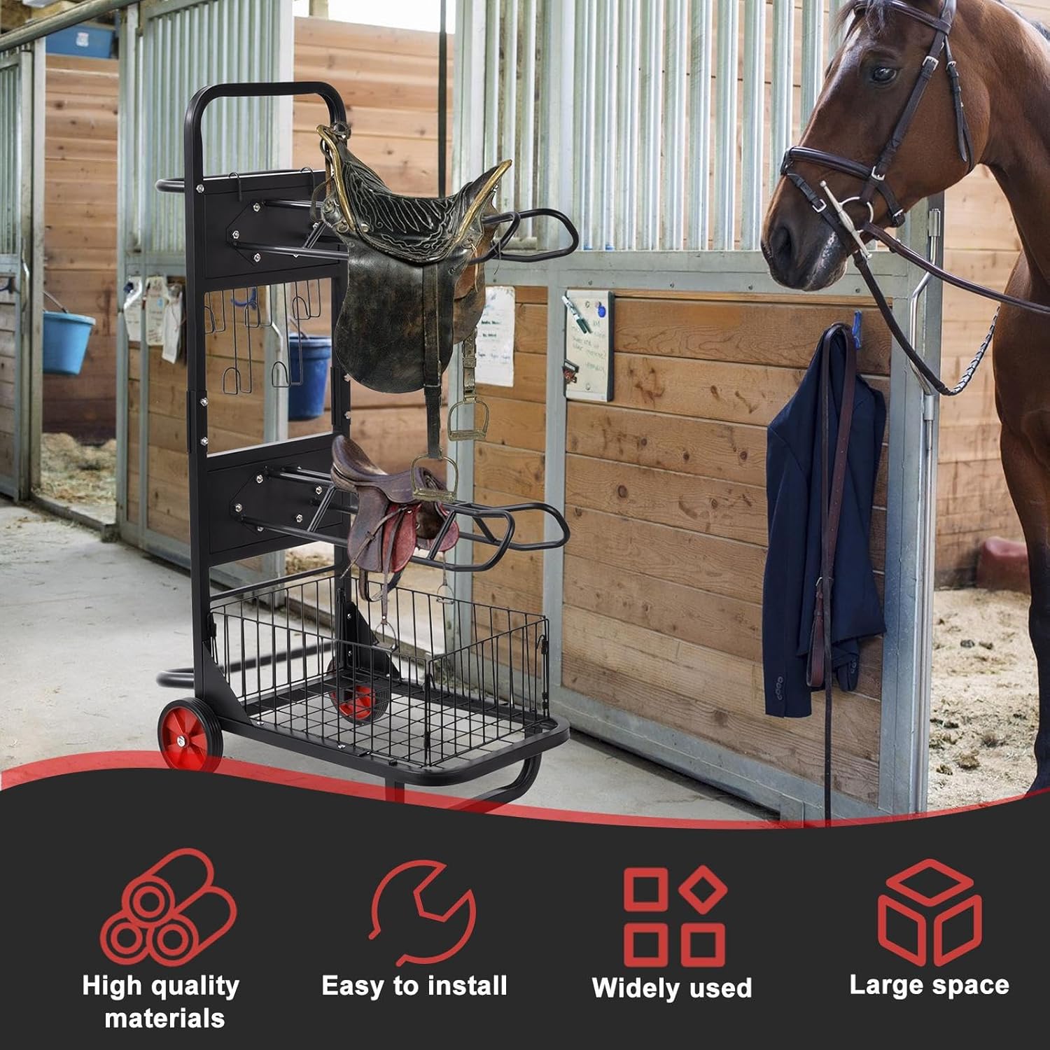 Saddle Cart, Rolling Saddle Cart with Wheel Saddles Rack, Portable Metal Saddles Rack Stand, Horse Trailer Organizer, Horse Equipment Carts for Moving, Organize Tack, Pad, Accessories