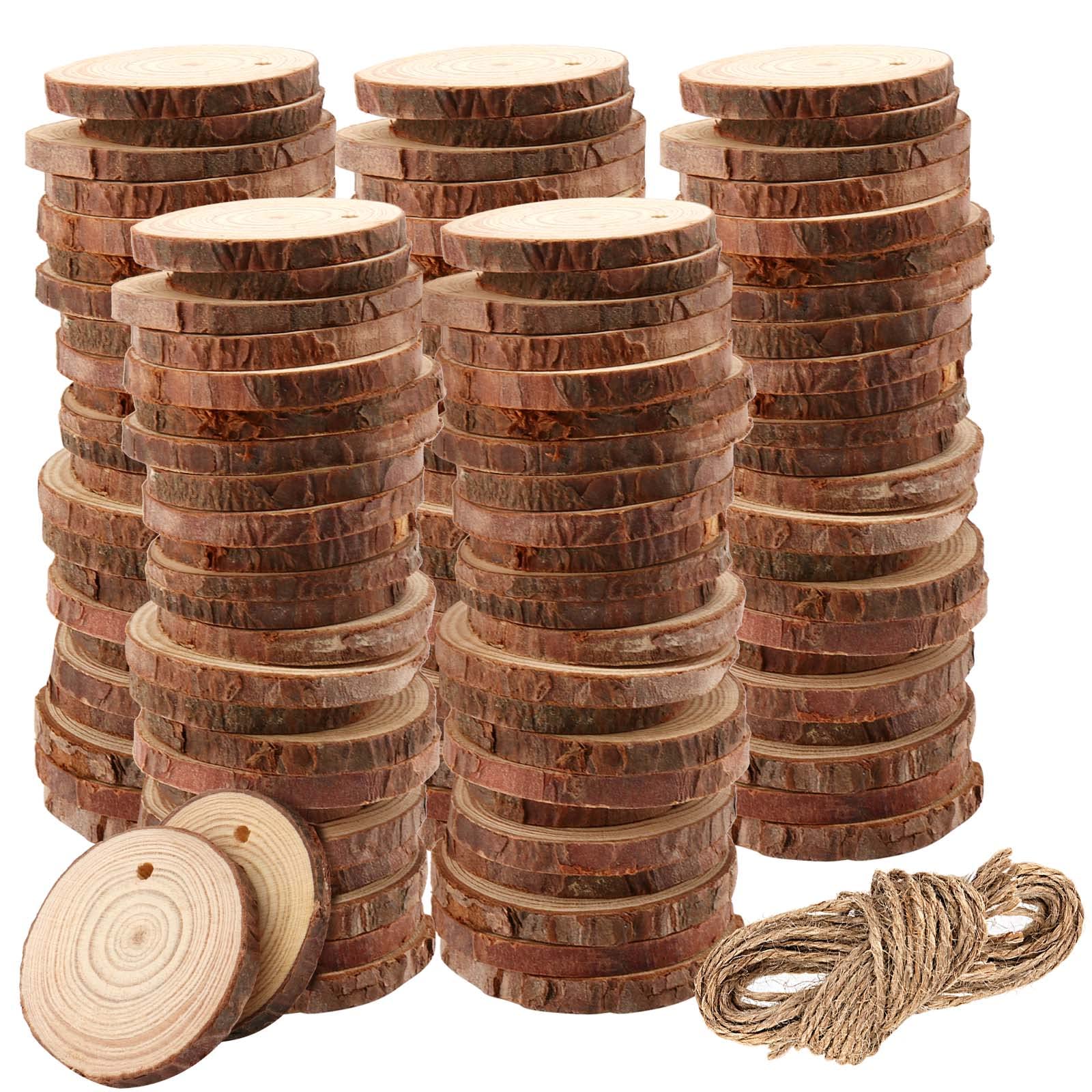 KOHAND 180 Pack Natural Wood Slices, 3-5cm Unfinished Wooden Slices with Holes and 50m Jute Twine