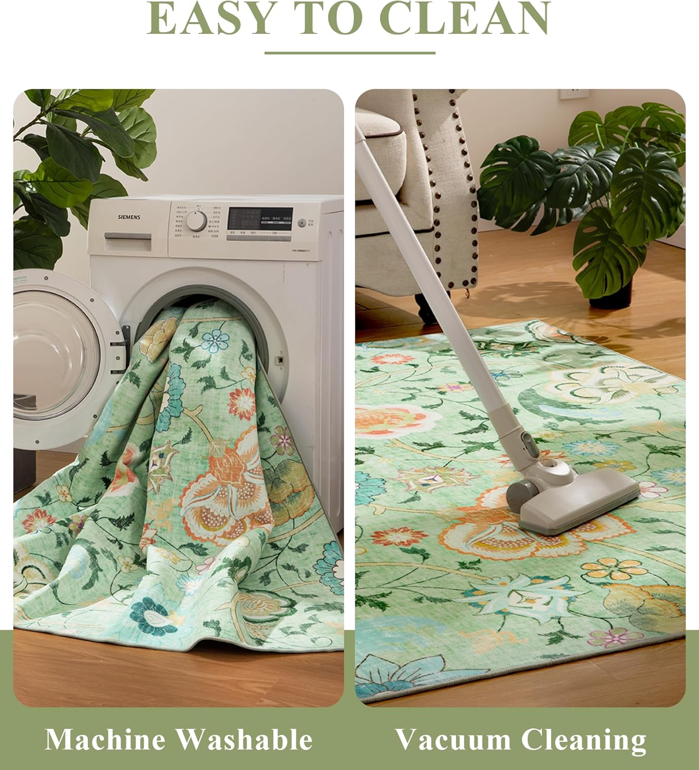YIHOUSE Floral Living Room Rugs,Washable Rugs for Bedroom,5x7 Boho Light Green Area Rugs, Low Pile Vintage Rug for Kids Room Non Slip Flower Rug Dining Room Kitchen Office