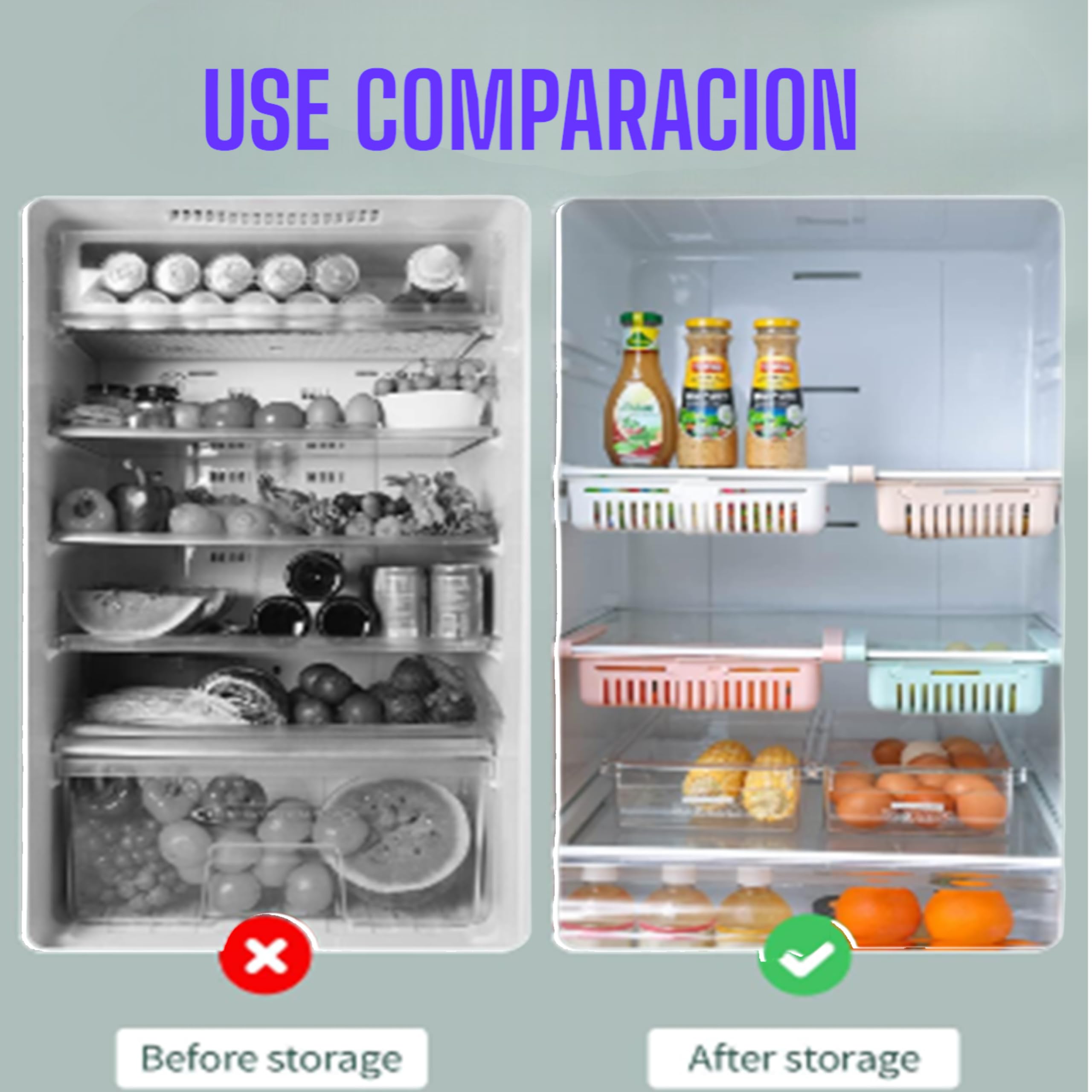Pack 4 unid - Cesto colgante - Almacenamiento en neveras - Contenedores de almacenamiento - Organizador de nevera - Cestas colgantes para refrigerador - Organizador de alimentos Frescos.