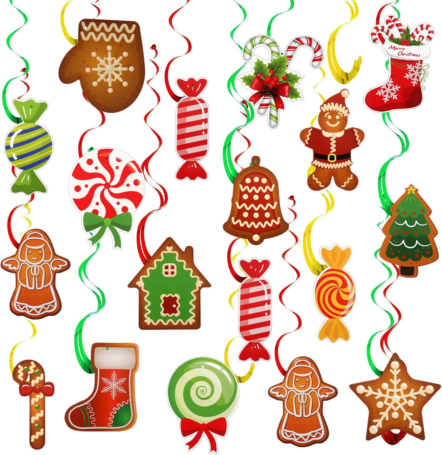 AUGSUN 54pcs Merry Christmas Hanging Swirls Decorations Candy Gingerbread House Hanging Swirls for Winter Christmas Party Home Bar Decor Holiday Party Classroom Supplies Decorations