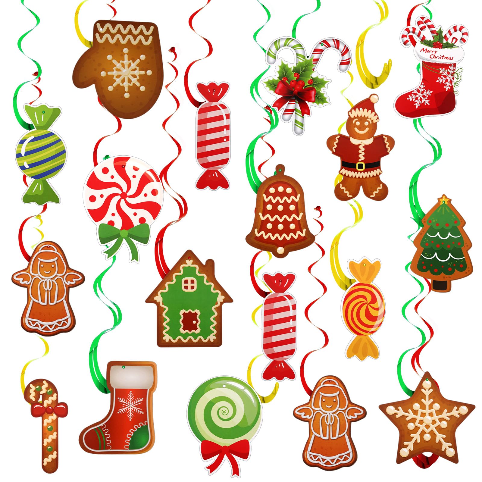 AUGSUN 54pcs Merry Christmas Hanging Swirls Decorations Candy Gingerbread House Hanging Swirls for Winter Christmas Party Home Bar Decor Holiday Party Classroom Supplies Decorations