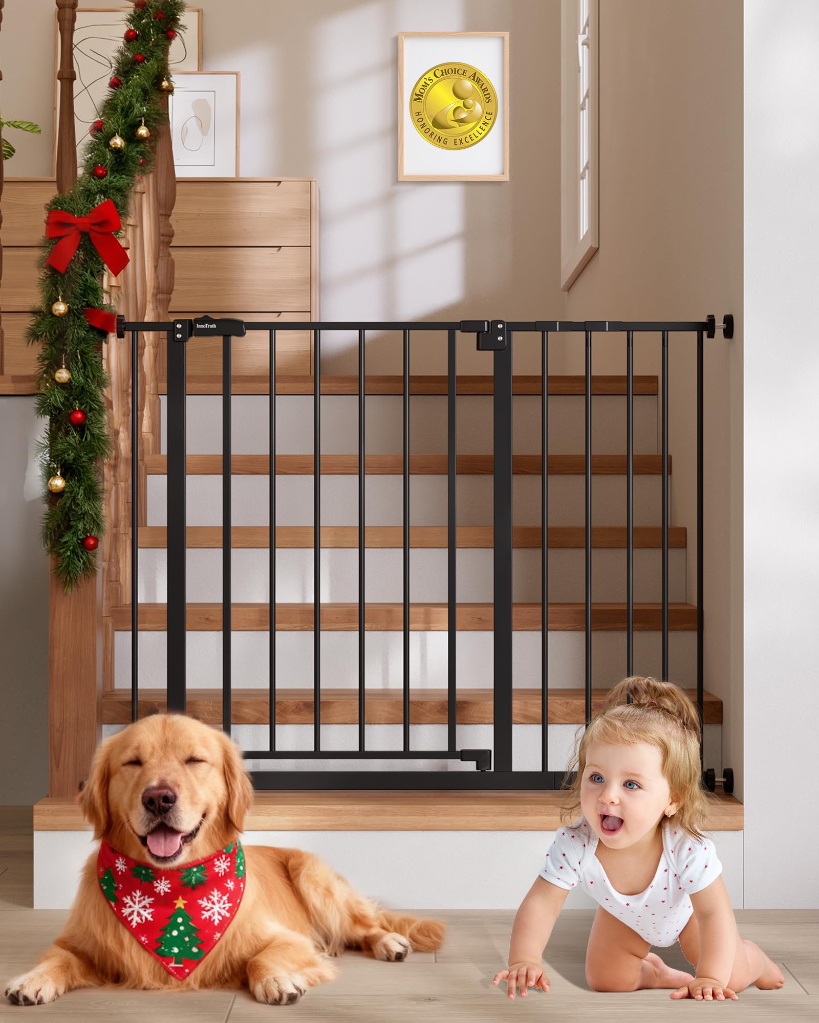 InnoTruth 29.5–40.75" Baby Gate for Stairs, 30" Tall Dog Gates for Doorways & Hallways, Safety Gate for Kids & Pets, Pressure-Mounted Walk-Through with Dual Lock & 2-Way Swing, Black