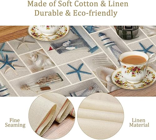 Miniatura 5 de Camino de mesa de concha de estrella de mar y caballito de mar bajo el mar, bufandas de lino de arpillera para cenas, fiestas de vacaciones,