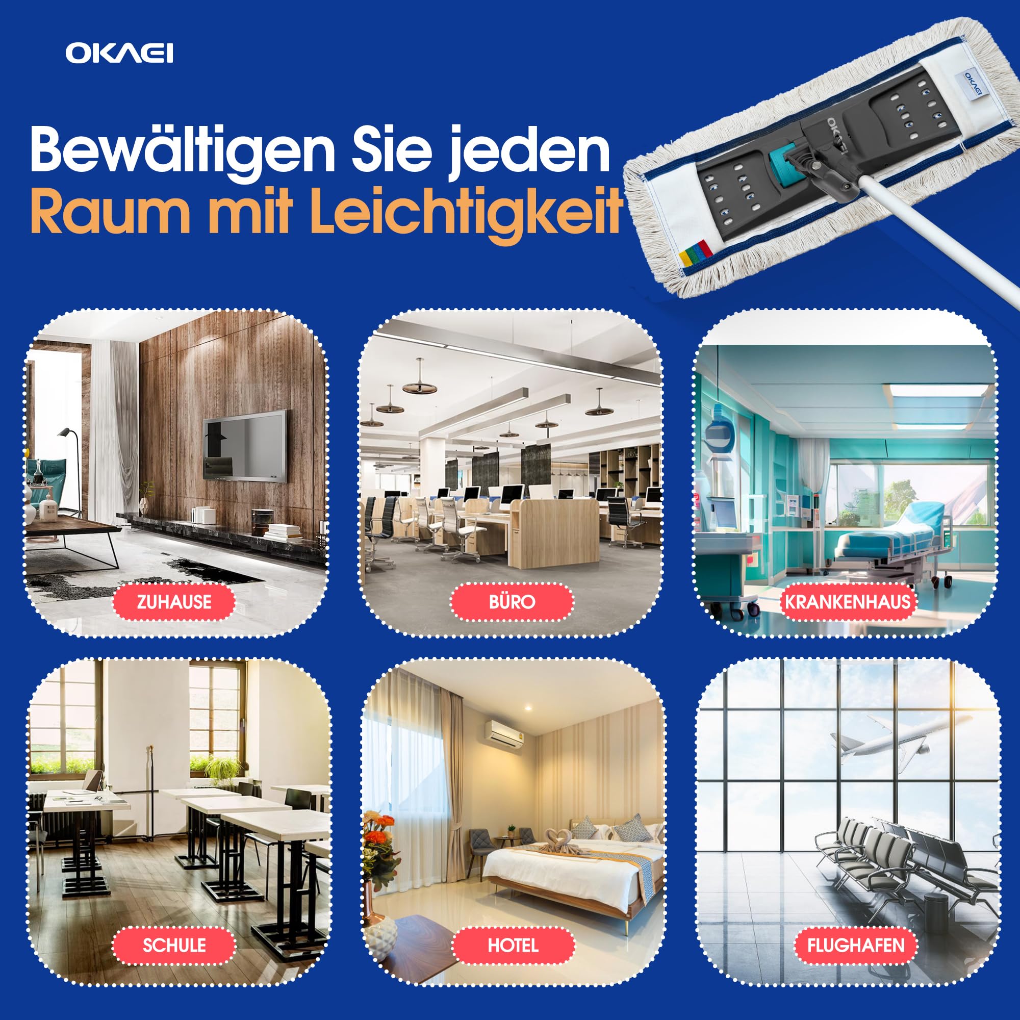 OKAEI Klapphalter für Wischmopps 50 cm – 10er Spar-Set für Profis – Industrie Mophalter mit 360° Drehkopf & Fußschalter – Bodenwischer Halter für große Flächen – robust & klappbar (grau/grün)