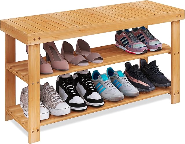 SMIBUY Szafka na buty, regał na buty z bambusa, szafka na buty z ławką, stojak na buty z 3 półkami, stabilny regał stojący 86 x 28,5 x 45,5 cm, kolor naturalny