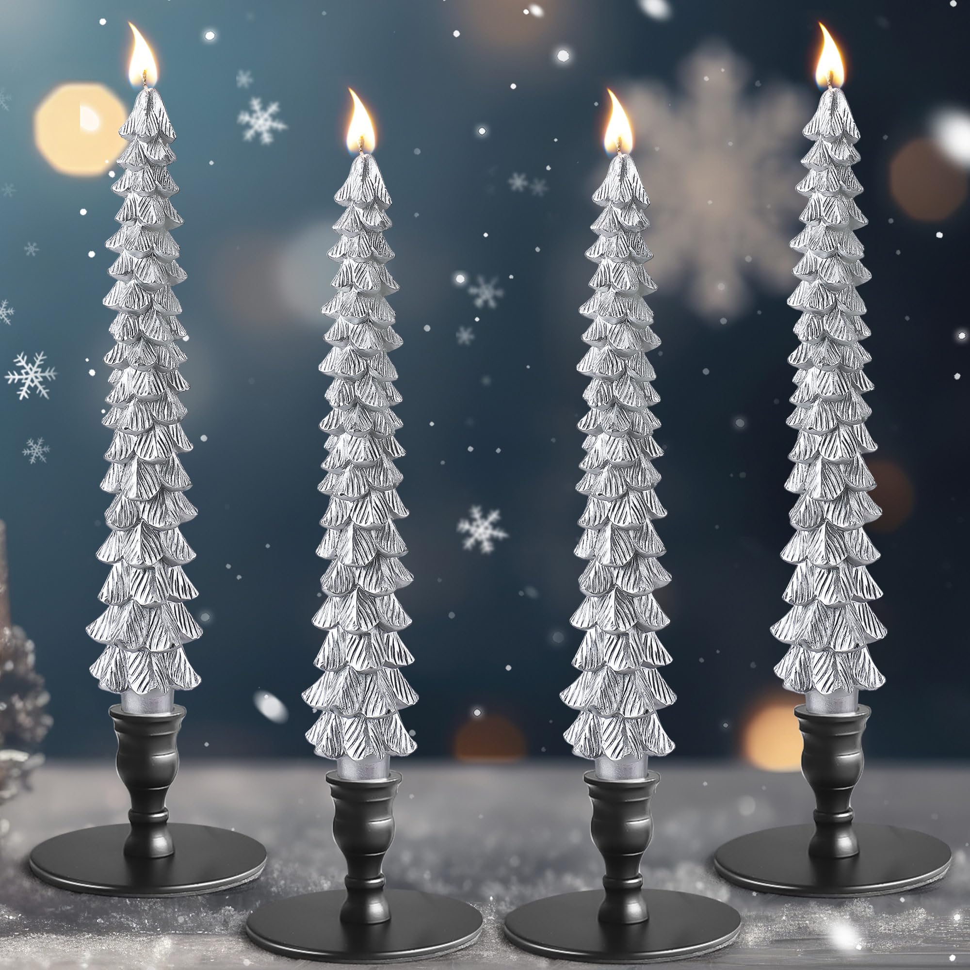 Ceoighe 4 Pcs 10 Inch Christmas Tree Candles, Natural Beeswax Christmas Tree Shaped Candles for Xmas Decor, Unscented Christmas Tree Taper Candles for Holiday Decoration, Party, Banquet (Silver)