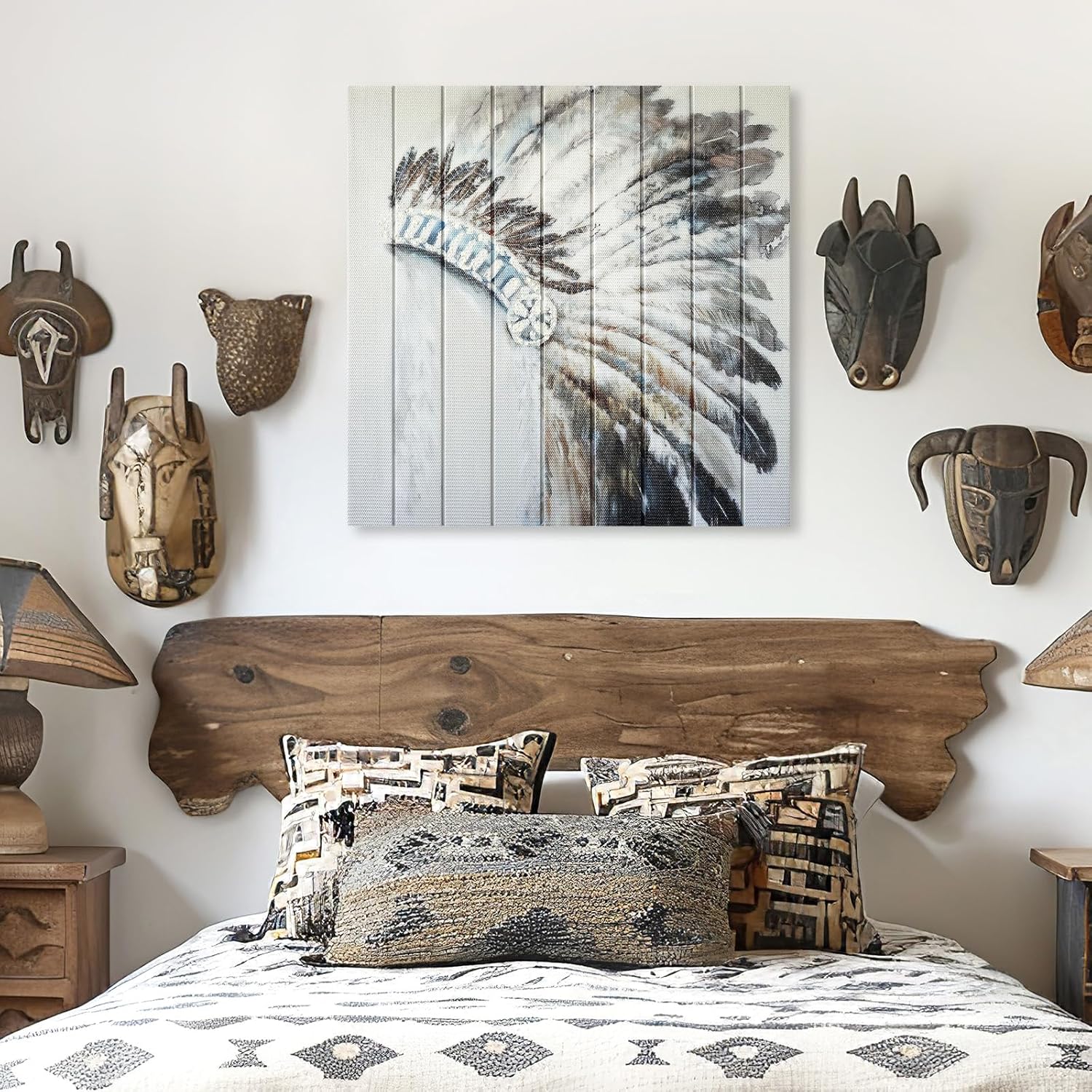 llribbons Feather Headdress Ribbon Wall Art Boho Wall Decor Handmade Ribbon Canvas Painting Modern 3D Woven Unique Textured Prints for Living Room Bedroom Bathroom Office Kitchen Home Decor 20" x 20"