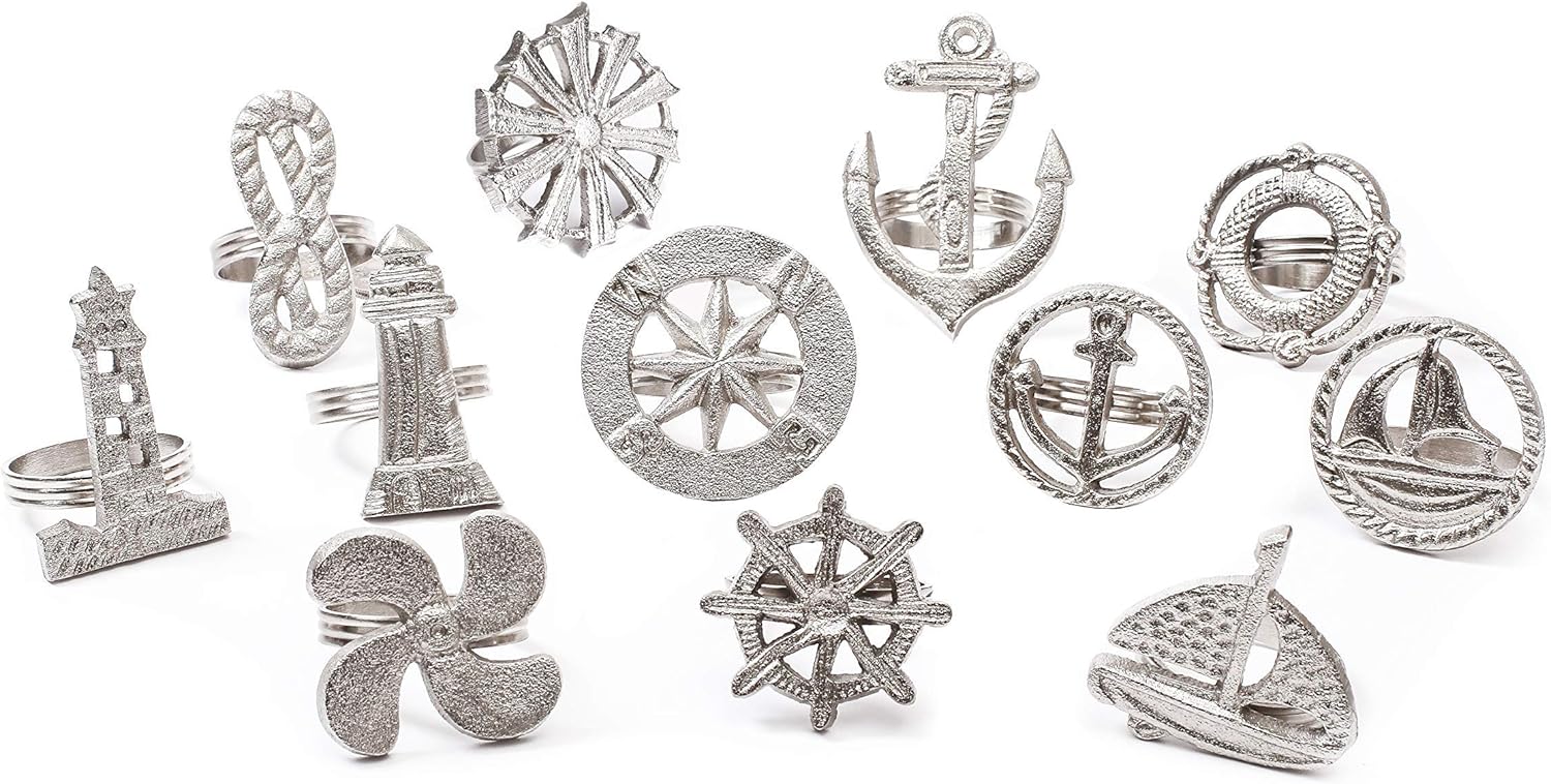 Sailor Napkin Rings Set of 12, Assorted Nautical Napkin Holders, Coastal Napkin Rings Bulk for Party Decoration, Dinning Table, Everyday, Family Gatherings - A Great Tabletop Décor - Silver : Home & Kitchen