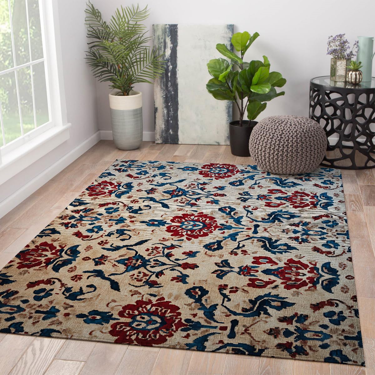 Tapis doux et lavable pour salon résistant aux taches fleurs rouges 80x150cm