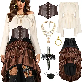 Pirate Costume Women Outfits Renaissance Corset Steampunk Skirt Top Halloween Costume