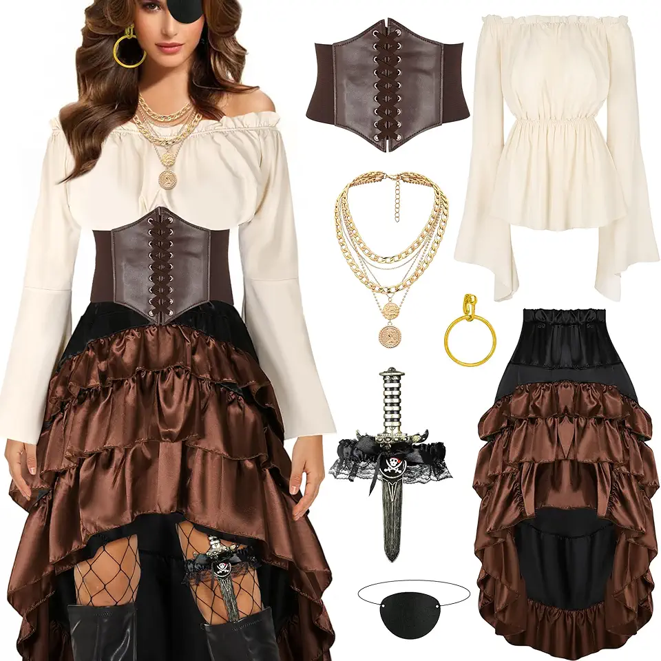 Fantasia de pirata feminina renascentista espartilho saia steampunk acessórios pirata roupas completas