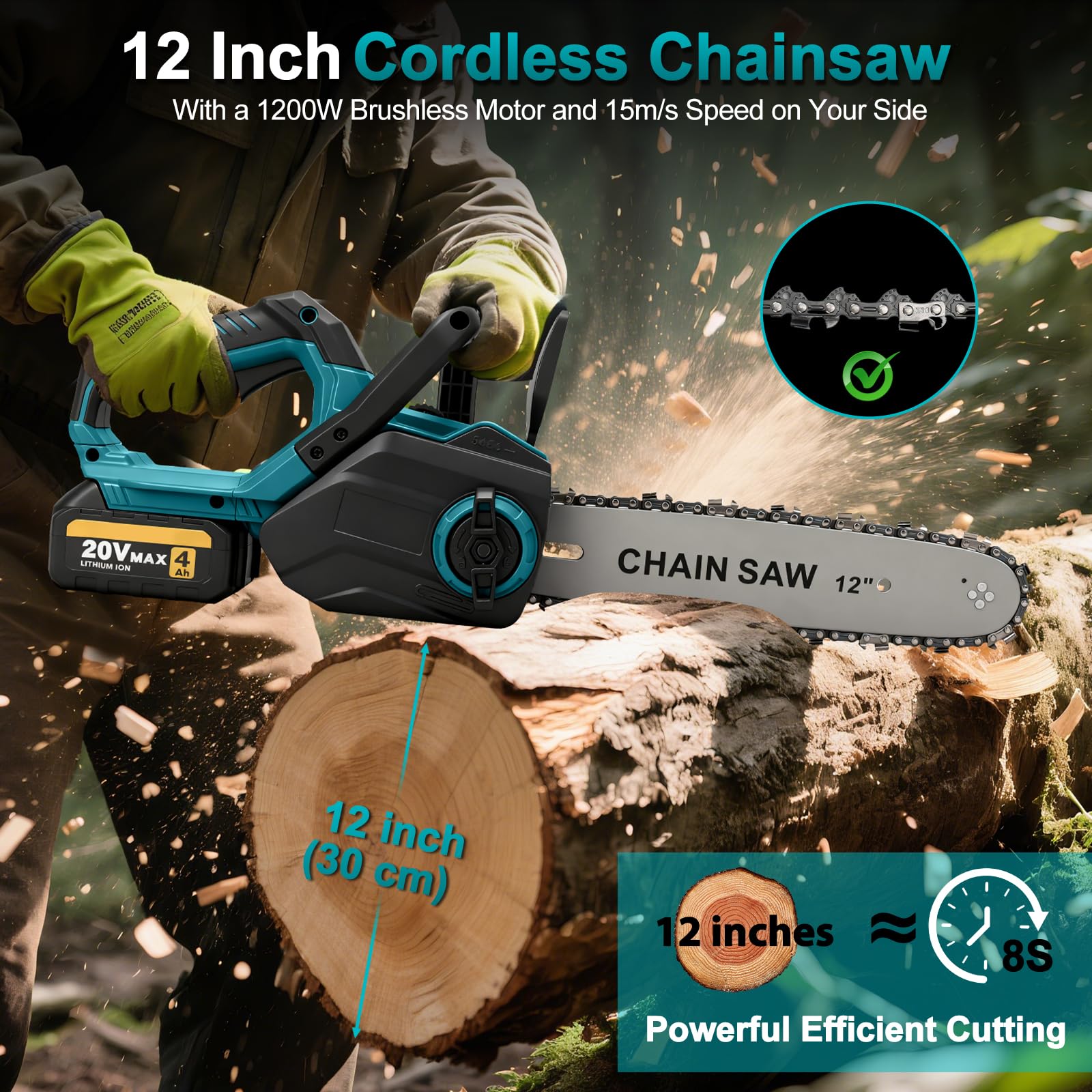 Tronçonneuse électrique sans fil de 30 cm compatible avec Makita 18 V (sans batterie), moteur sans brosse, tronçonneuse électrique, 3 chaînes, tension de chaîne sans outil et lubrificateur de voiture