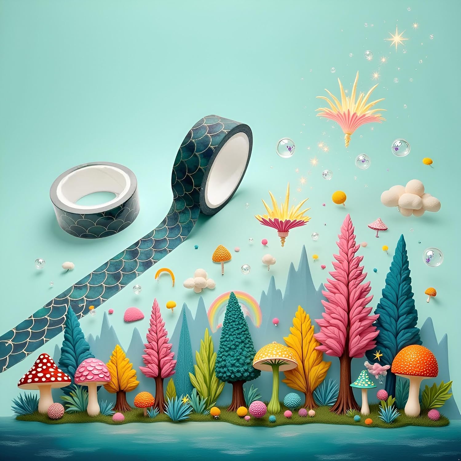 2 Pcs Rolls Washi TapeDIY Crafts Gift Wrapping Decorative Masking Adhesive Tape Mermaid Fish Scale Tape for Bullet Journals PlannersArts and Crafts Tape Adhesives（Green ）