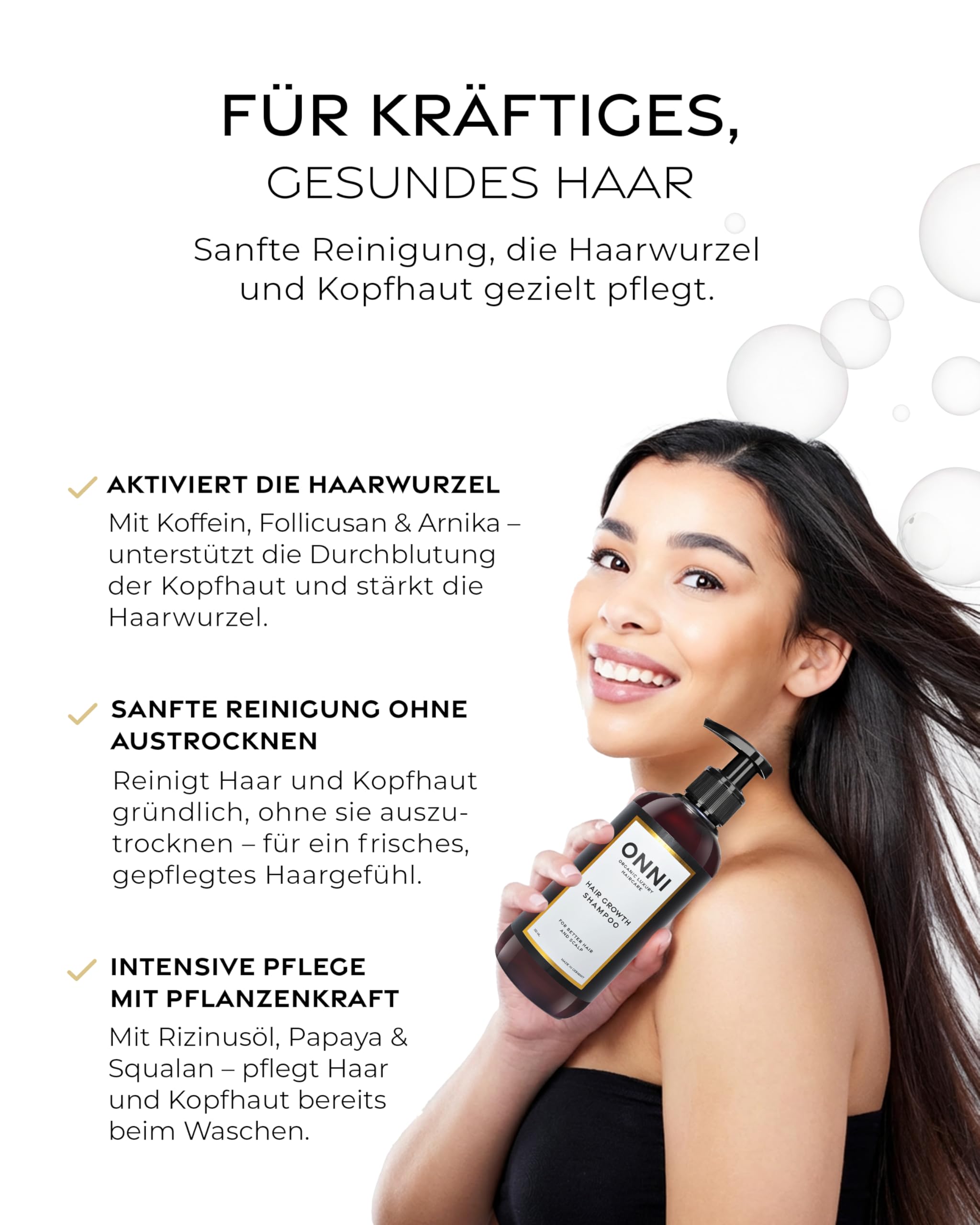 ONNI – Shampoo für Haarwachstum 500ml – Haarpflege mit Follicusan & Koffein – Hair Growth Haarshampoo für kräftiges, voluminöses Haar – mit wertvollen Extrakten – vegan, silikon- & parabenfrei