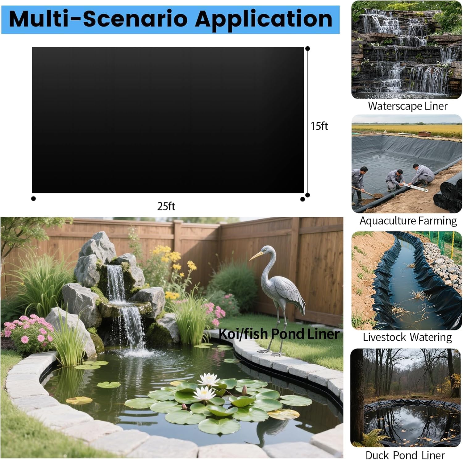 10 x 20 FT Pond Liner, 18 Mil Pond Liners for Outdoor Ponds, HDPE Pond Liner Leakproof Ecofriendly Easy Cut, Fish Pond Liner for Garden Ponds, Fish Ponds, Water Features