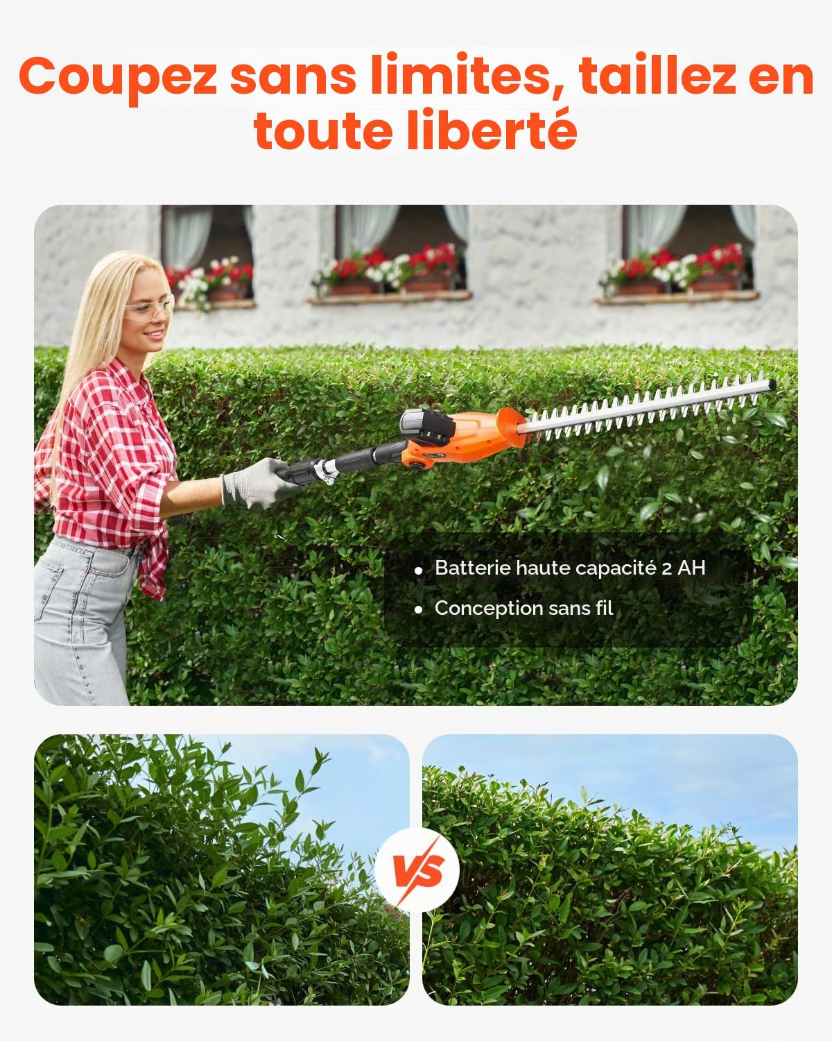VEVOR Taille-haie Électrique sans Fil sur Perche Extensible 1,9-2,4 m 20 V Batterie 2 A, avec Lame 510 mm, 5 Angles Réglables 30°-150°, pour Entretien des Branches Hautes, Taillage Arbres de Jardin