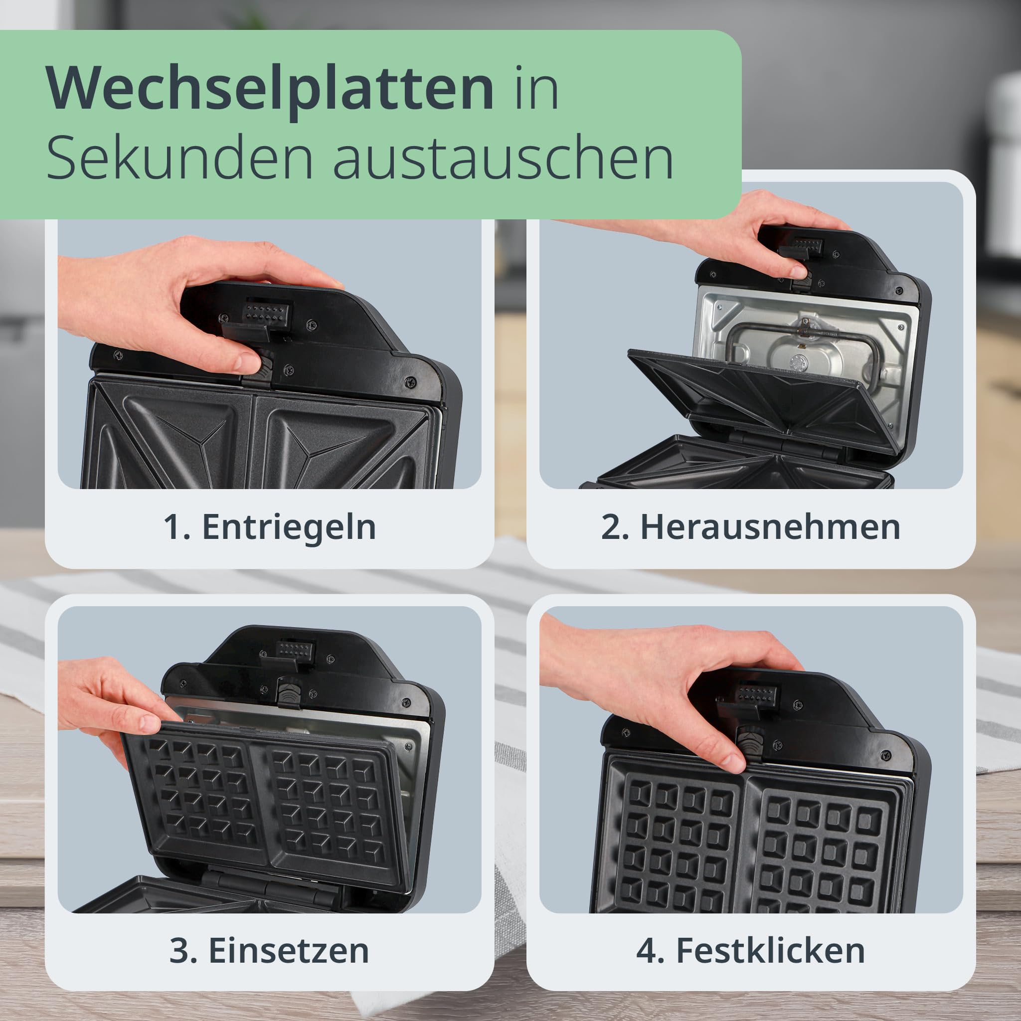 ADE 3-in-1 Sandwichmaker | Sandwichtoaster & Panini-Maker | 800W | Antihaft | Waffeleisen & Kontaktgrill mit 3 Wechselplatten | belgische Waffeln & goldbraune Toasts fürs Sonntagsfrühstück