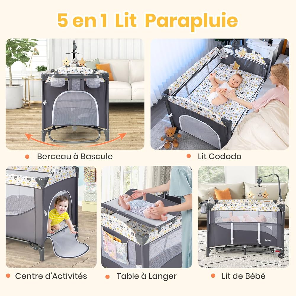 Lit Parapluie 4-en-1 DREAMADE 107x72x119cm - Avec Table à Langer Et Musique