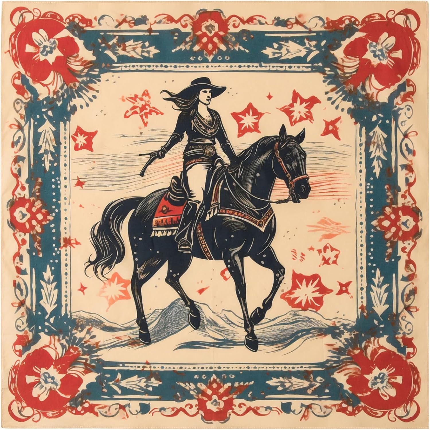 22"x22" Vintage Cowgirl 100% Cotton Bandana Multi-Purpose Headbands