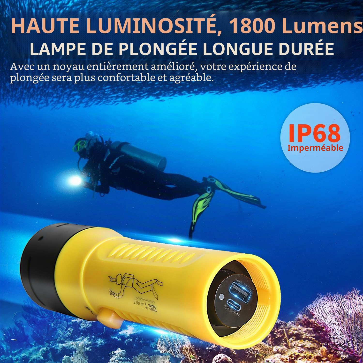 Lampe de Plongée 1800 Lumens - Torche Sous-Marine IPX8 Étanche 100m, Lumière Blanche 5500K Rechargeable, pour Plongée/Chasse Sous-Marine