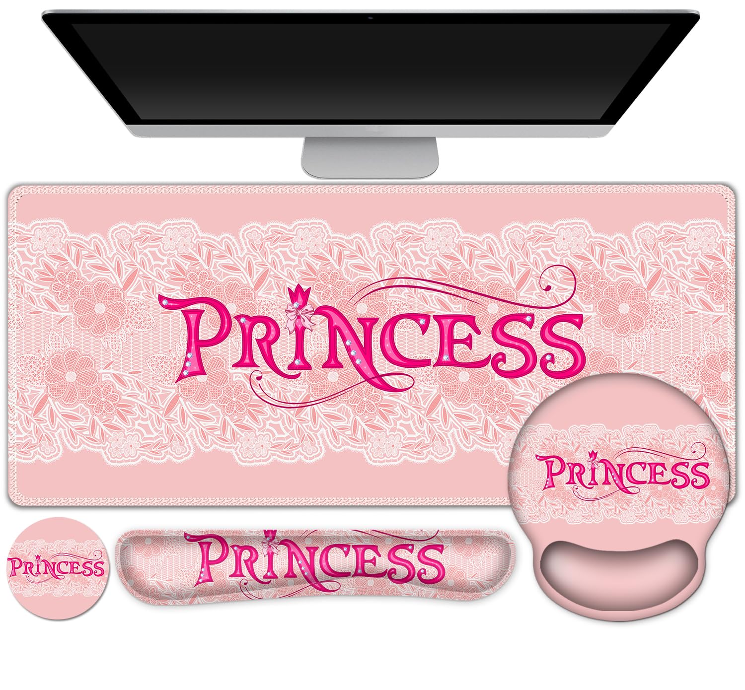 DINKY Pink Mouse Pad with Wrist Rest, Desk Pad for Keyboard and Mouse, Ergonomic Mousepad Set, Keyboard Wrist Rest with Coaster, Desk Mat Combo for Office Home, Pink Princess
