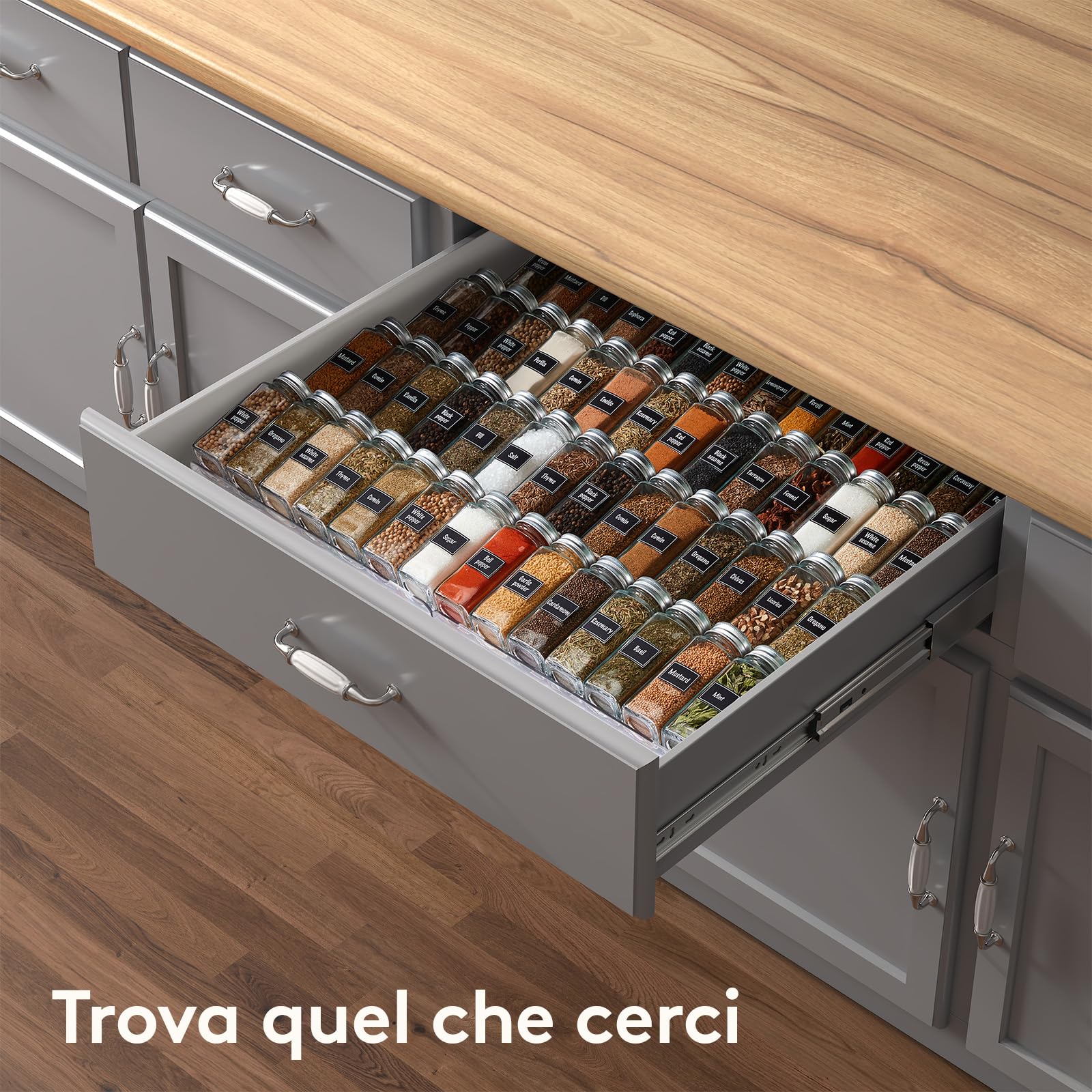 Portaspezie Per Cassetto - 24 Barattoli In Vetro Con Coperchio Legno Acacia | Organizzatore Cucina Elegante - Foto 5