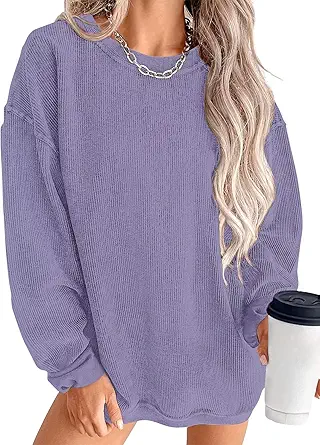 KISSMODA Women's Casual Long Sleeve Sweatshirt Color Block/Solid Crewneck Corduroy Pullover Cute Tops