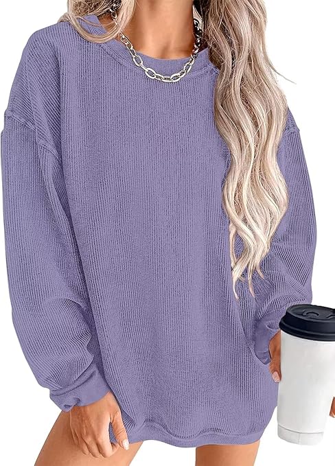 KISSMODA Women's Casual Long Sleeve Sweatshirt Color Block/Solid Crewneck Corduroy Pullover Cute Tops