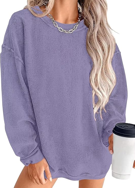 KISSMODA Women's Casual Long Sleeve Sweatshirt Color Block/Solid Crewneck Corduroy Pullover Cute Tops