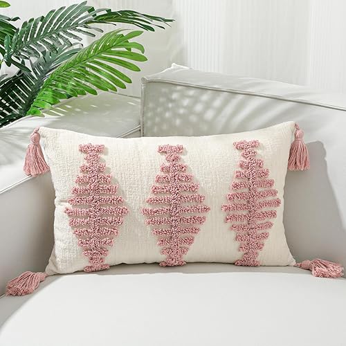 Lewondr Boho Throw Pillow Cover 12x20inch(30x50cm) Farmhouse Decorative Pillow Cover Neutral Tufted Decorative Pillows Cover for Bed, Couch Throw Pillow Case, Pink