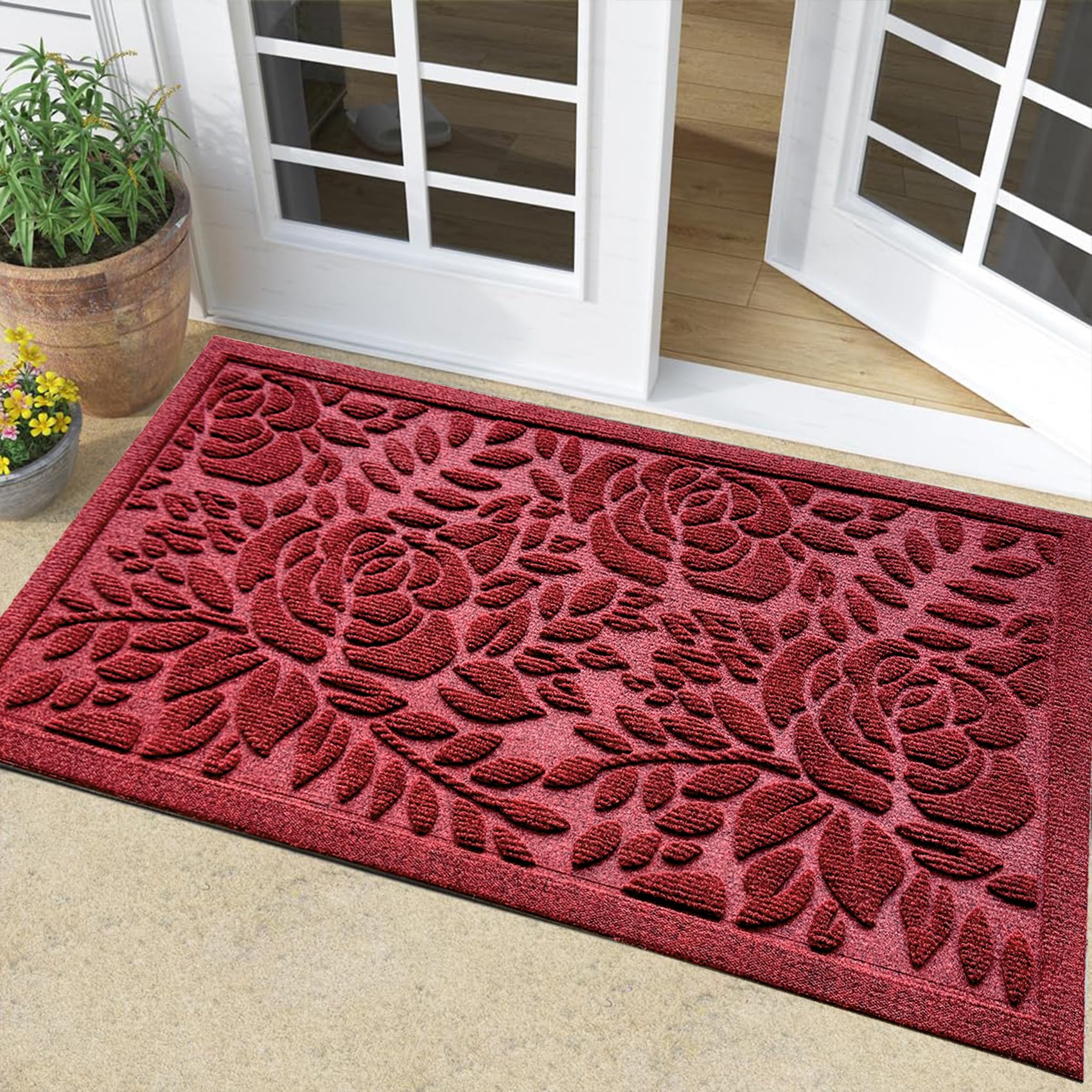 Bulijojo Front Door Mat Entrance,Durable Heavy Duty Welcome Mat,Thick Absorbent Natural Rubber Non Slip Mat,Sturdy Entryway Red Flower, 17x30