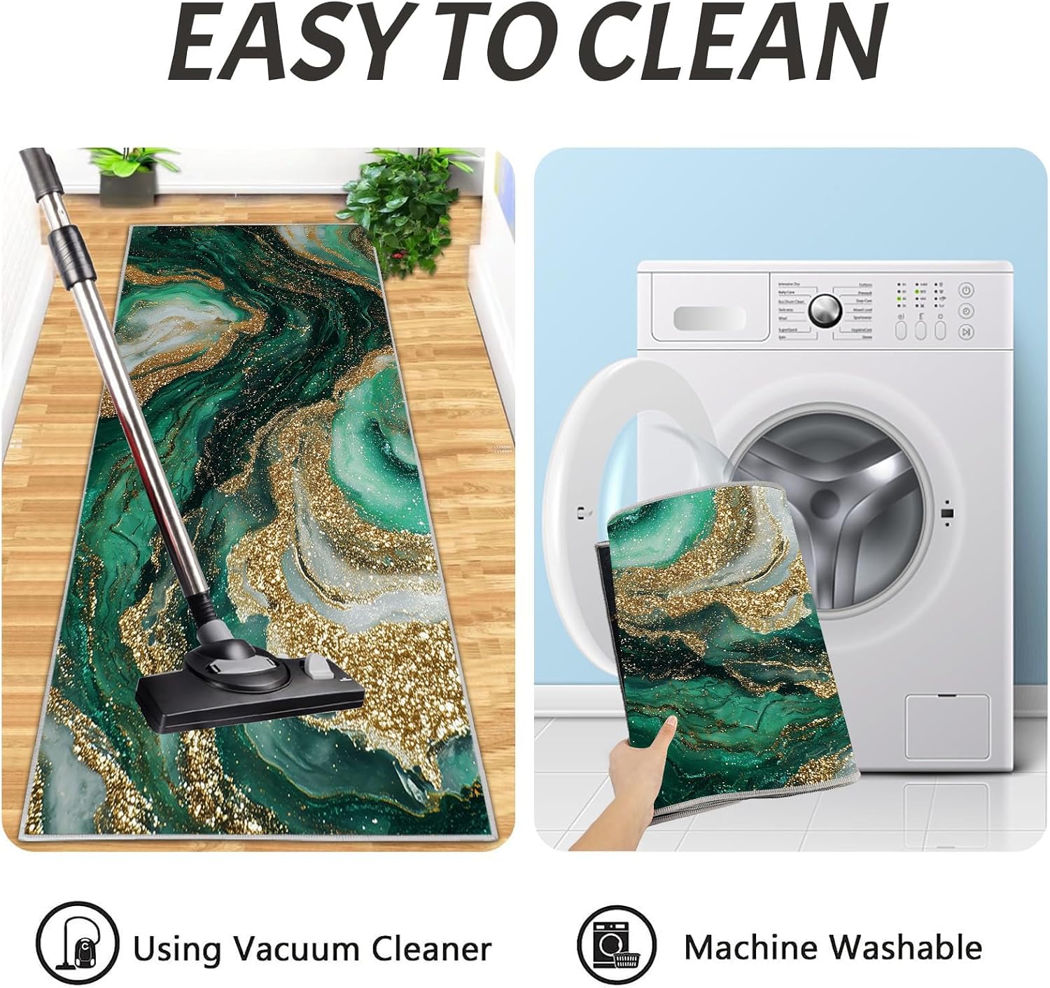 2Pcs Swirling Marble Kitchen Mats for Floor Emerald Green Luxurious Gold Veins Printed Non-Slip Washable Rugs Set Runner for Holiday Decor Entrance Porch Door Mat Laundry 16"X24"+16"X47"