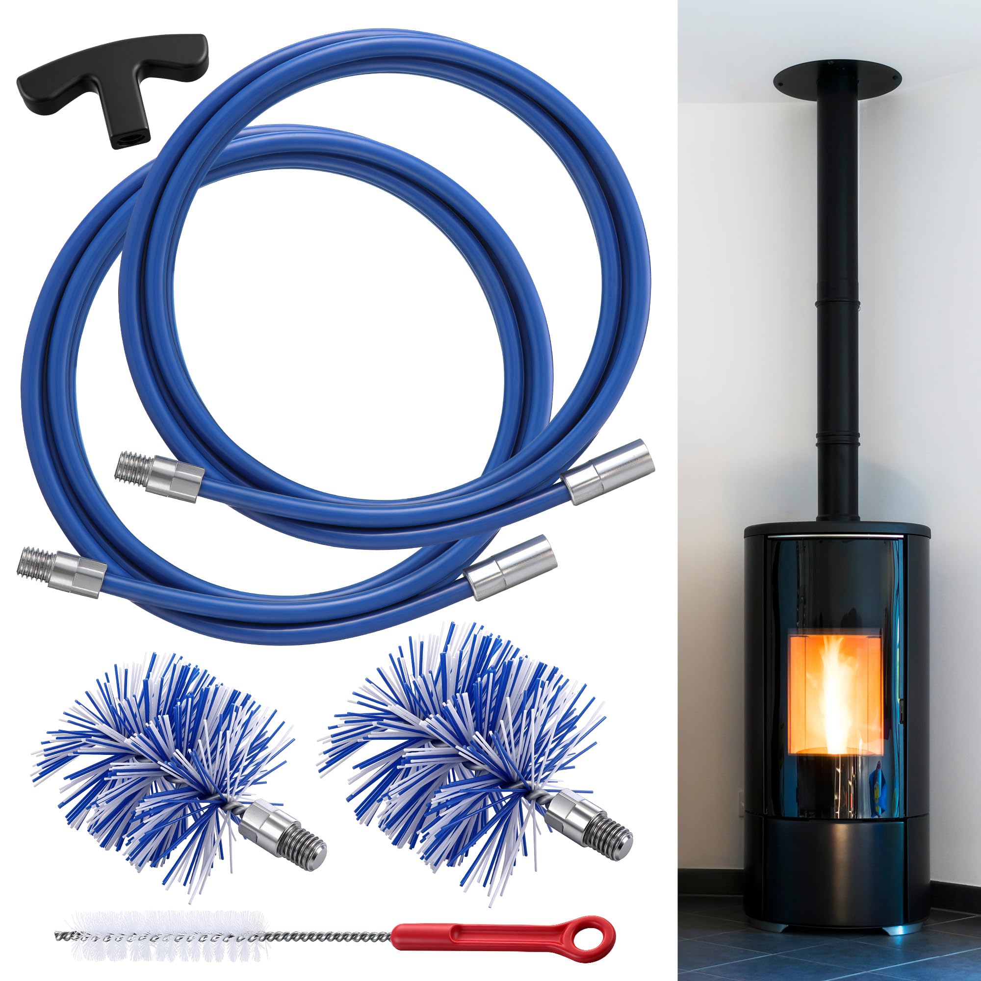 Pellet Stove Cleaning Brush Kit, Flexible Rod, 20ft/3"&amp;4" Brush Head, Blue