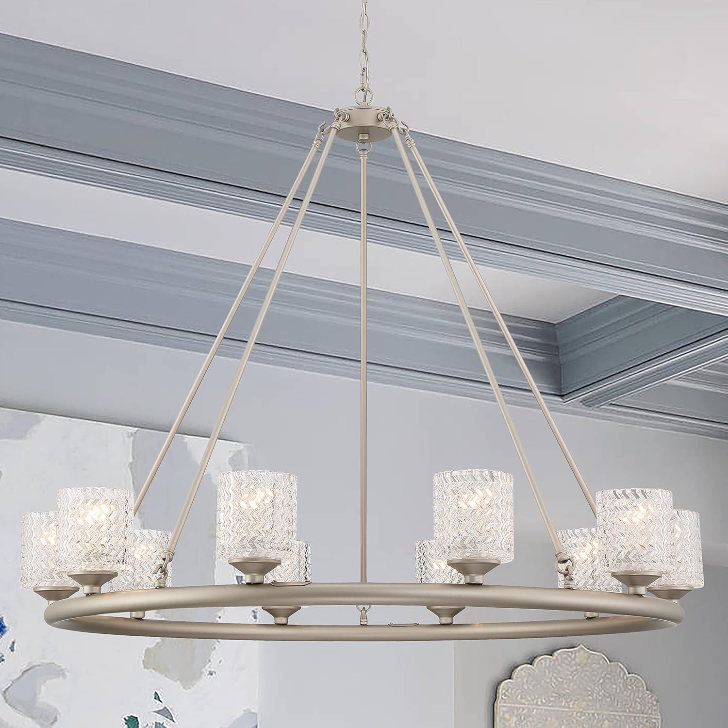 Vanity Art 10 Lights Crystal Wagon Wheel Chandelier Lighting in Antique Silver | Modern Hanging Light with Clear Glass Shades Farmhouse Candle Light Fixtures for Living Room MLT6110AS