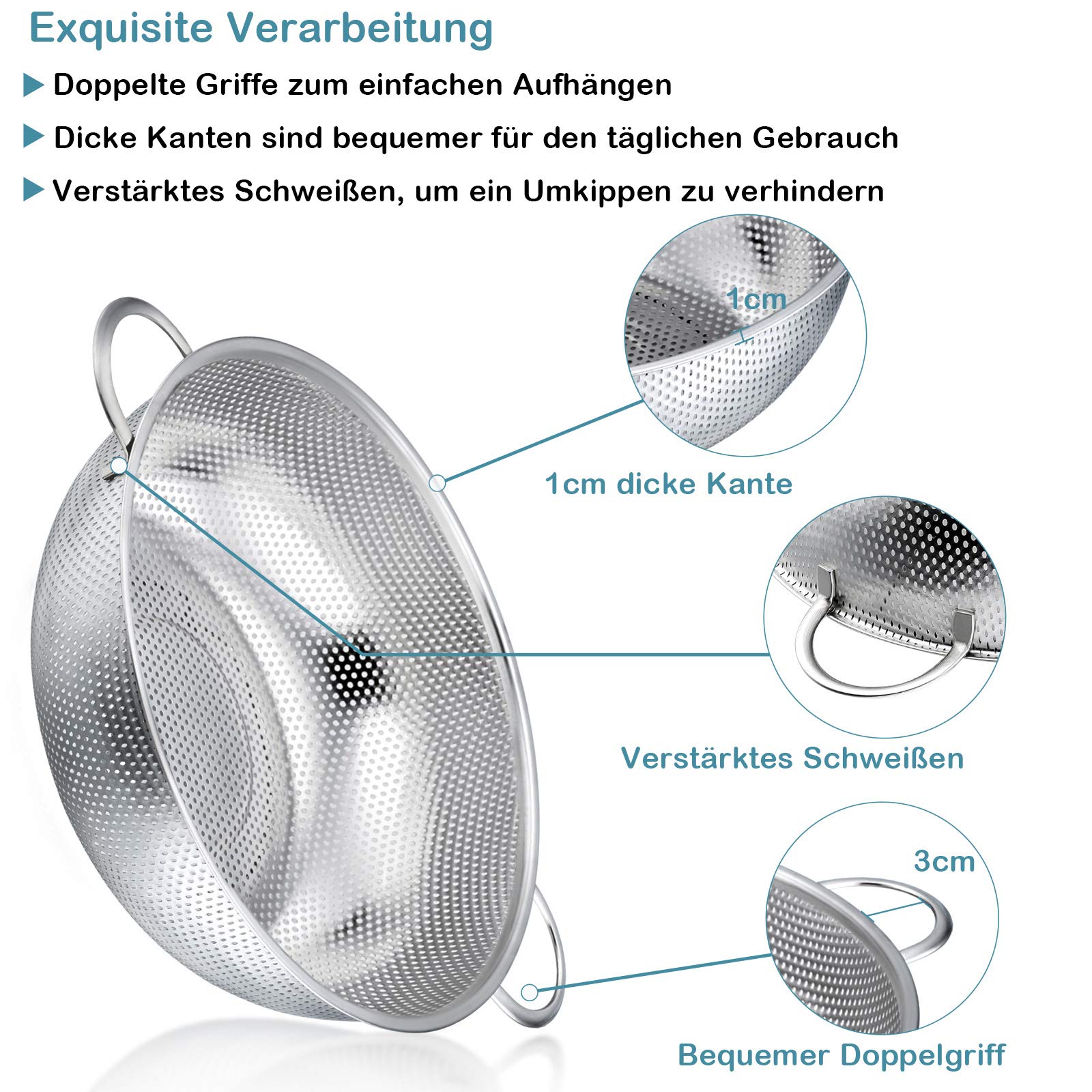 HaWare - Colino da cucina in acciaio inox con manico, Ø 28 cm, grande scolapasta microforato, per scolapiatti e risciacquo di cucina/pasta/verdure/frutta/riso, lavabile in lavastoviglie