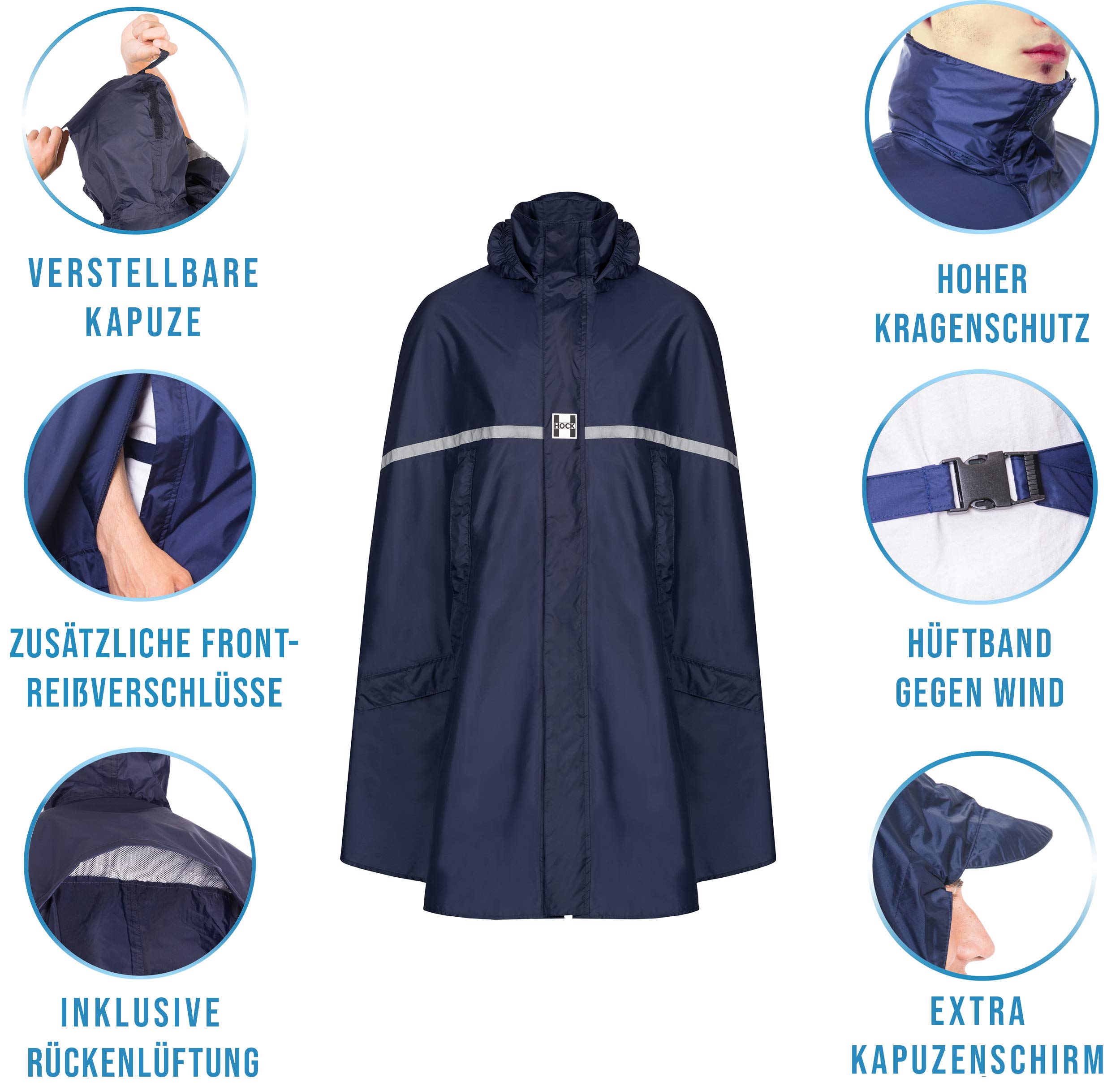 HOCK Poncho de lluvia premium con cremallera, ideal para bicicletas eléctricas y ciclomotores, poncho impermeable con reflectores, protección contra la lluvia para hombre y mujer, ropa impermeable de