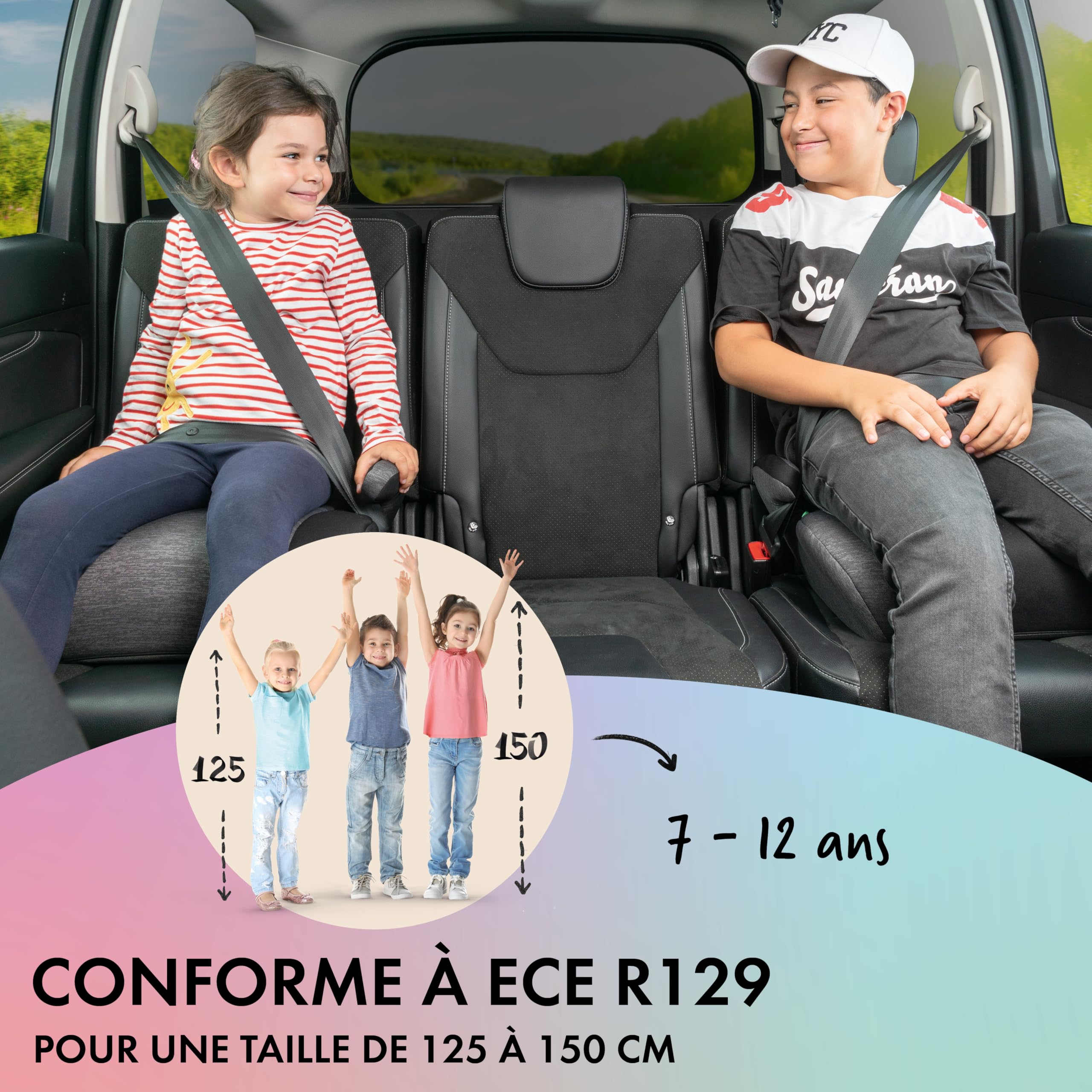 WALSER Siège enfant Raffi, siège enfant voiture 125-150 cm, rehausseur de siège enfant voiture selon la dernière norme ECE R 129, siège enfant étroit gris/noir