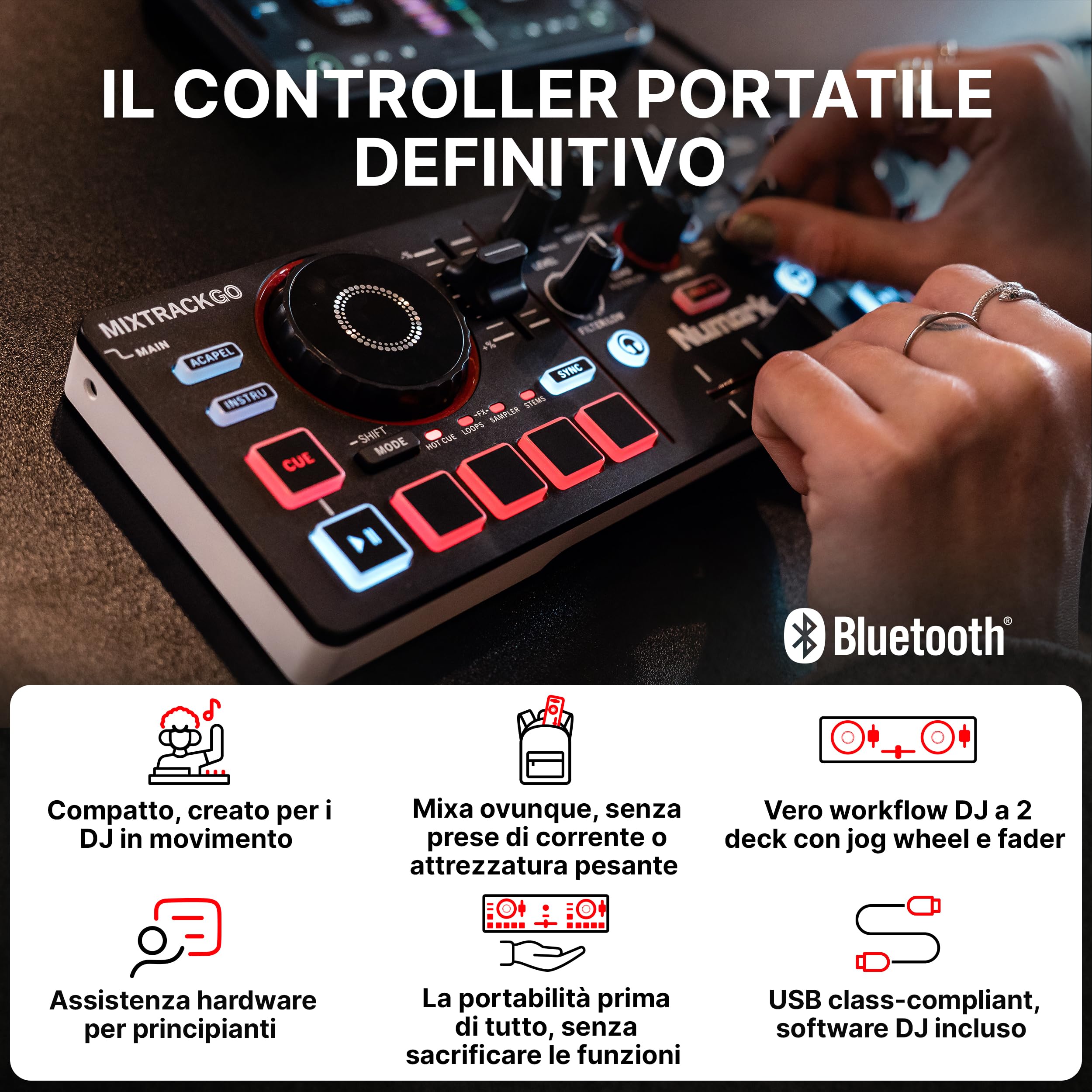 Numark Mixtrack Go Controller DJ Bluetooth Compatto con Stems Control | Mixer DJ 2 deck, principianti e DJ mobili, Smart Fader, USB-C, Serato DJ Lite e Algoriddim djay inclusi, Gen 4