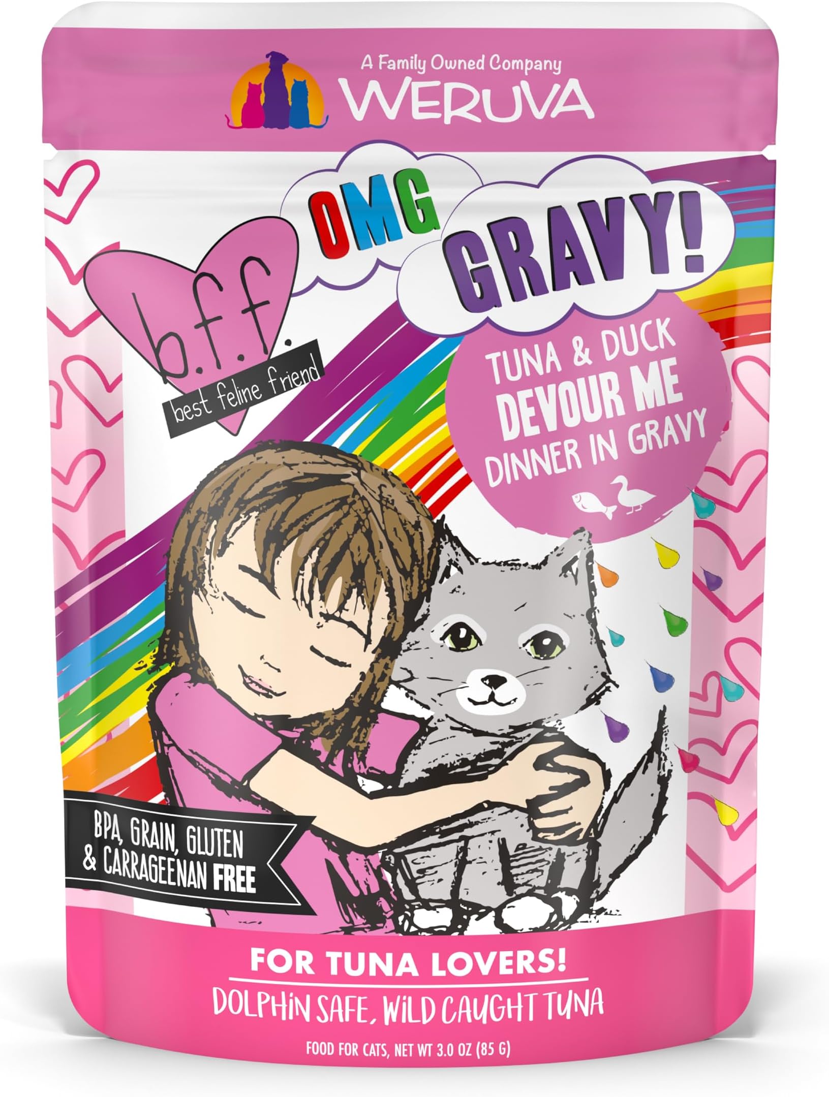 B.F.F. OMG - Best Feline Friend Oh My Gravy!, Tuna & Duck Devour Me with Tuna & Duck in Gravy Cat Food, 3oz Pouch (Pack of 12), Pink