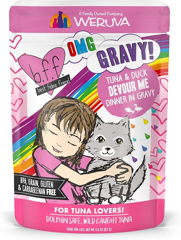 Ração úmida para gatos Weruva B.F.F. OMG Tuna & Duck Devour Me com atum e pato ao molho, 85 g – Pacote com 12