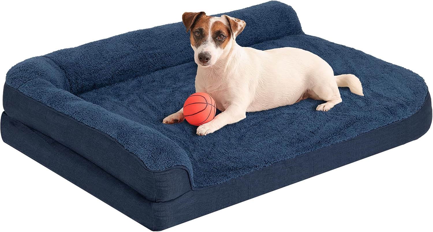 35” x 22” x 3.2” L-Shaped Orthopedic Dog Beds, Medium Dogs Bed with Removable Cover and Nonskid Bottom, Navy Blue