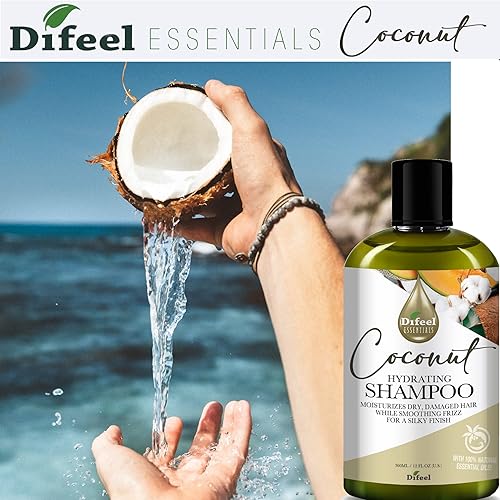 Miniatura 2 de Difeel Essentials Champú hidratante de coco de 12 oz. Champú hidratante sin sulfato hecho con aceites esenciales 100% naturales