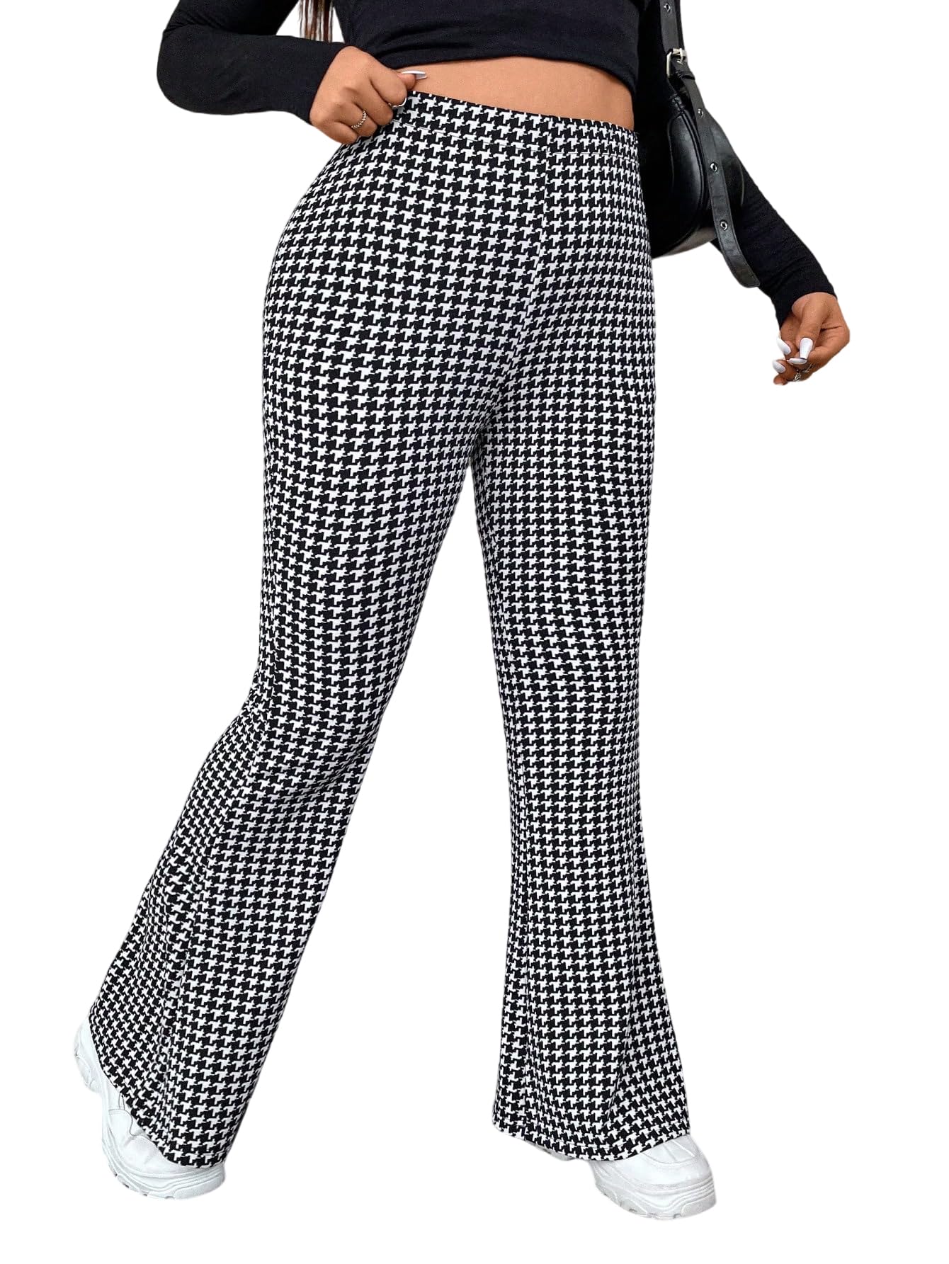 Floerns Womens Plus Size Houndstooth Bell Bottom Pants High Waist Flare Trousers