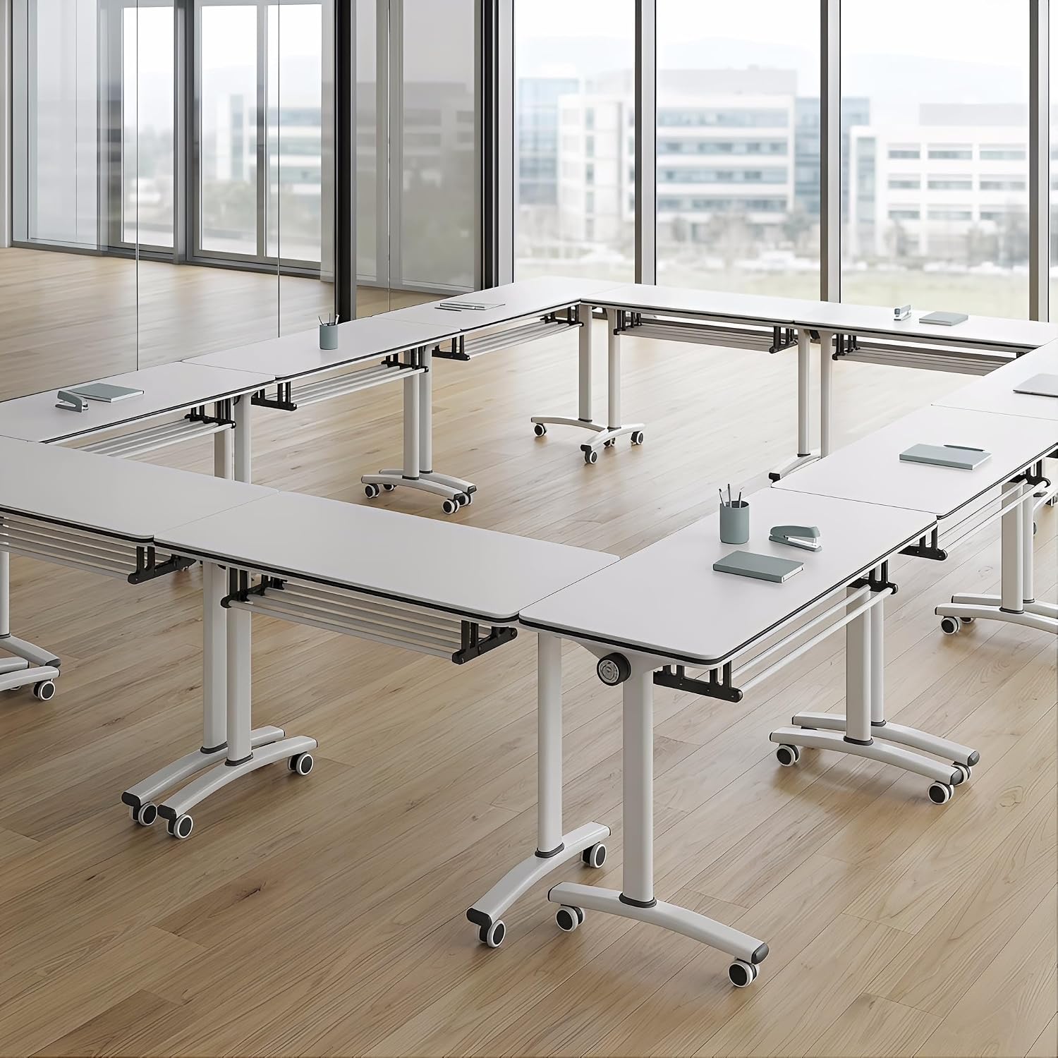 Narrow Folding Conference Table with Wheels 47.2" L×15.7" W×29.5" H 10PCS White, Modern Modular Rolling Conference Tables for Office Classroom, Mobile Training Table Nesting Storage