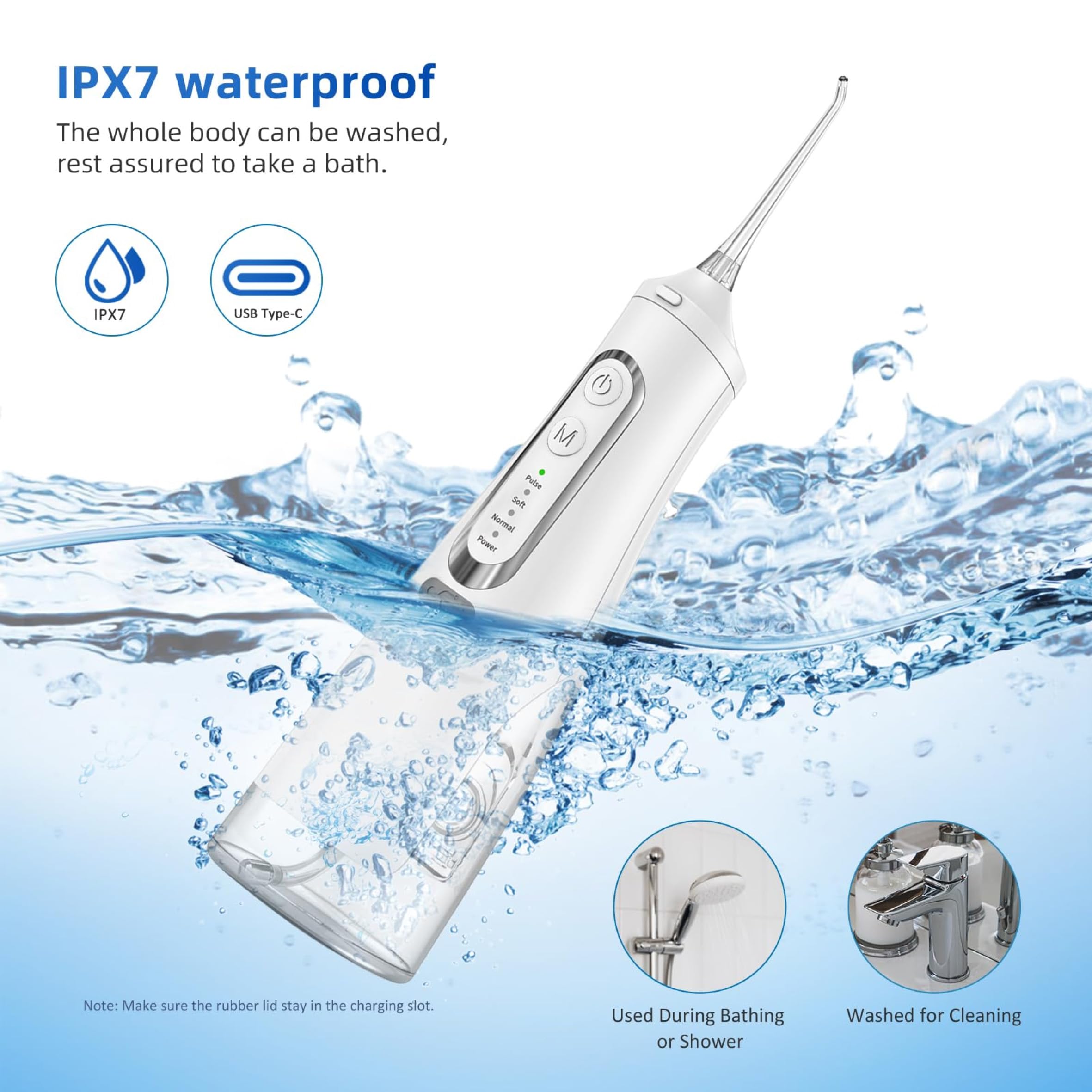 Reva - Irrigador bucal eléctrico para limpieza de dientes, tanque grande de 310 ml, impermeable IPX7, irrigador oral inalámbrico recargable con 4 puntas de chorro, memoria inteligente, bajo ruido