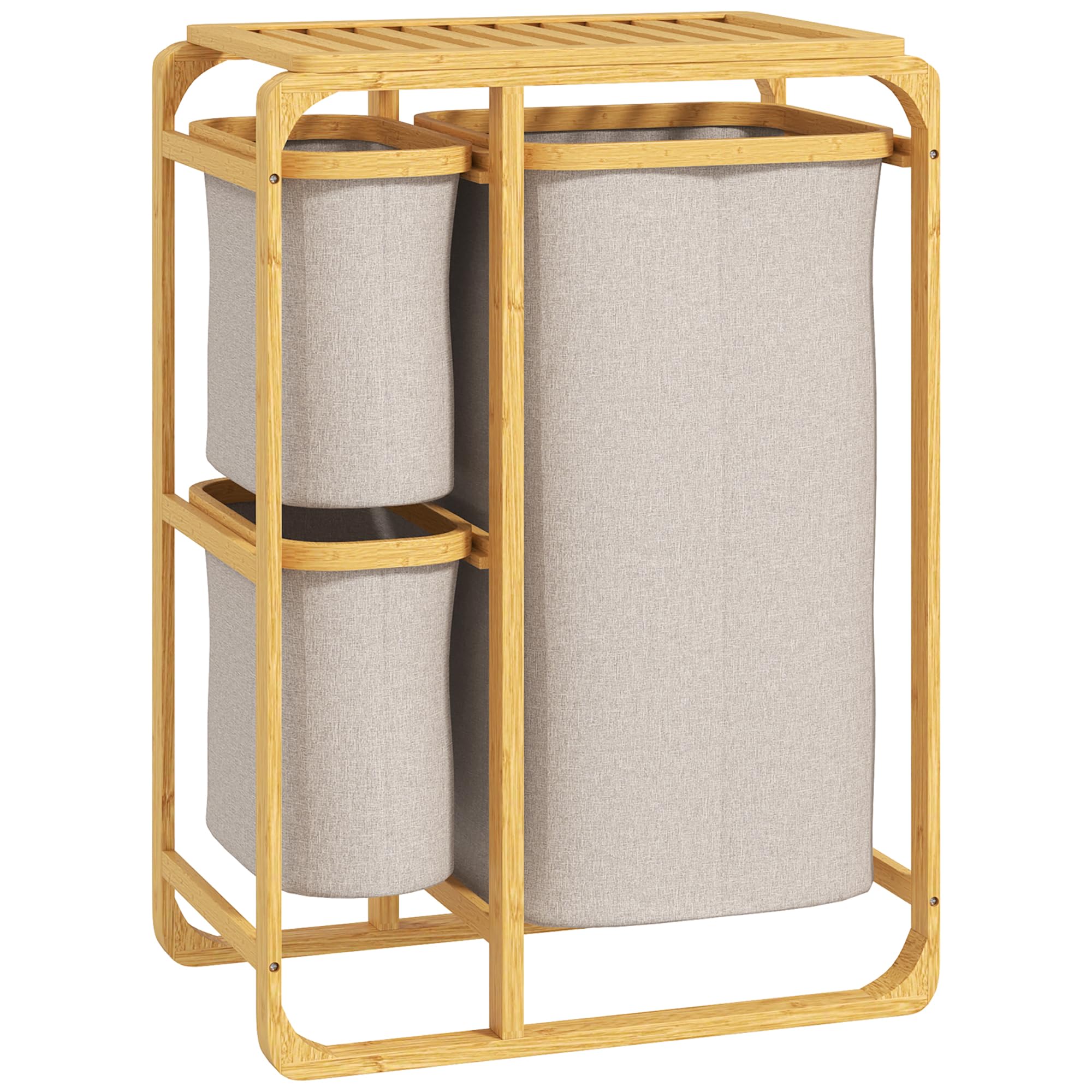 HOMCOM Cesto Portabiancheria Salvaspazio, Cesto Portabiancheria Elegante con 3 Sacchi e Ripiani in Tessuto, Bambù, 50x32x69.7 cm, Color Bambù e Crema