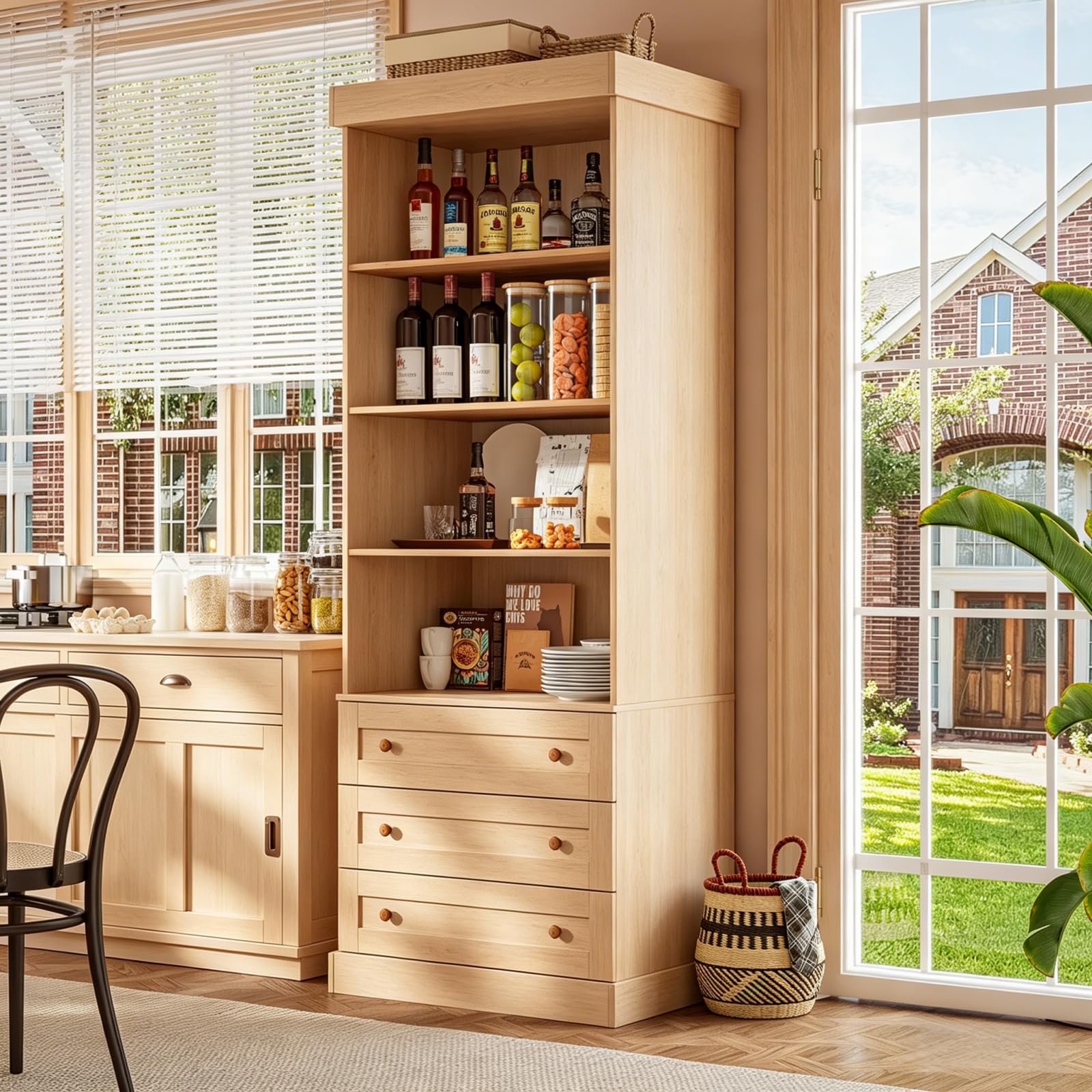 Vyre 71" Tall Farmhouse Kitchen Pantry, Large Storage Cabinet with Adjustable Shelves &amp; 3 Drawers, Versatile Wood Hutch for Living Room &amp; Dining Room, Brown