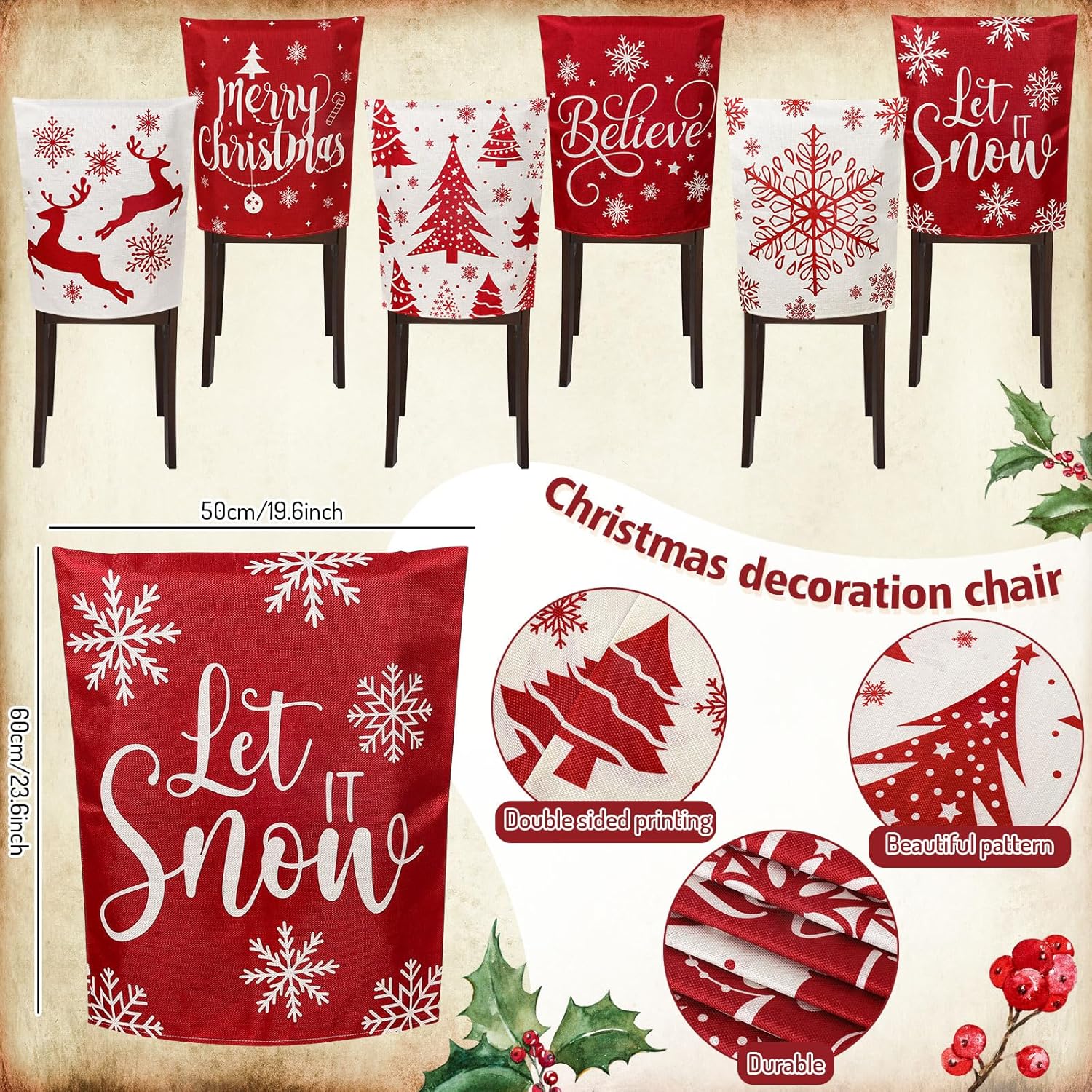 Whaline 6Pcs Christmas Chair Covers Classic Red Chair Back Covers Winter Xmas Tree Snowflake Elk Dining Room Seat Covers Washable Chair Slipcovers for Home Kitchen Hotel