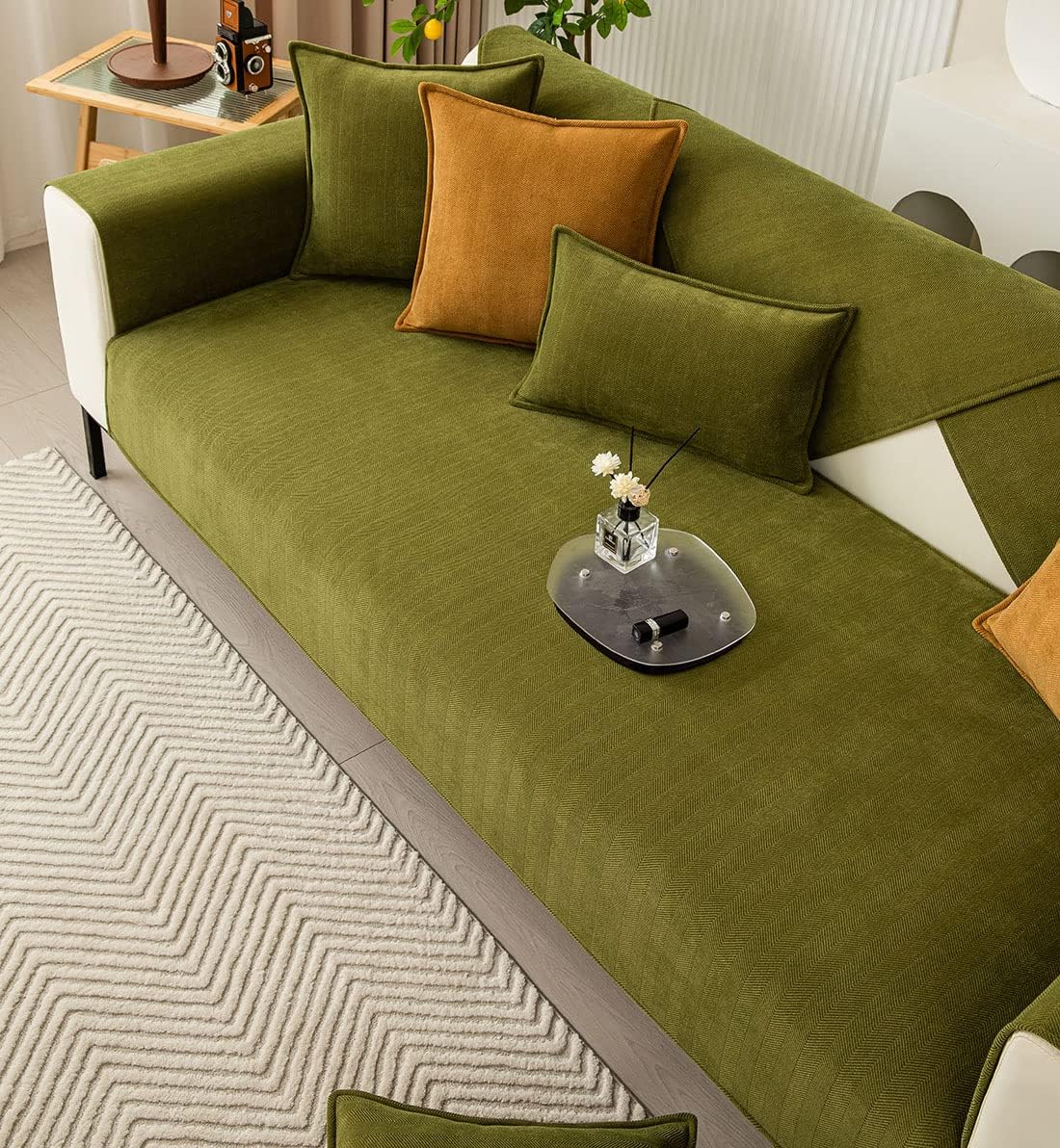 vctops Farmhouse Chevron Stripe Sofa Slipcover Furniture Protector Solid Color Sectional Couch Cover Non Slip Soft Sofa Cover for Dogs, Cats, Children, Pets (Army Green,43"x94")